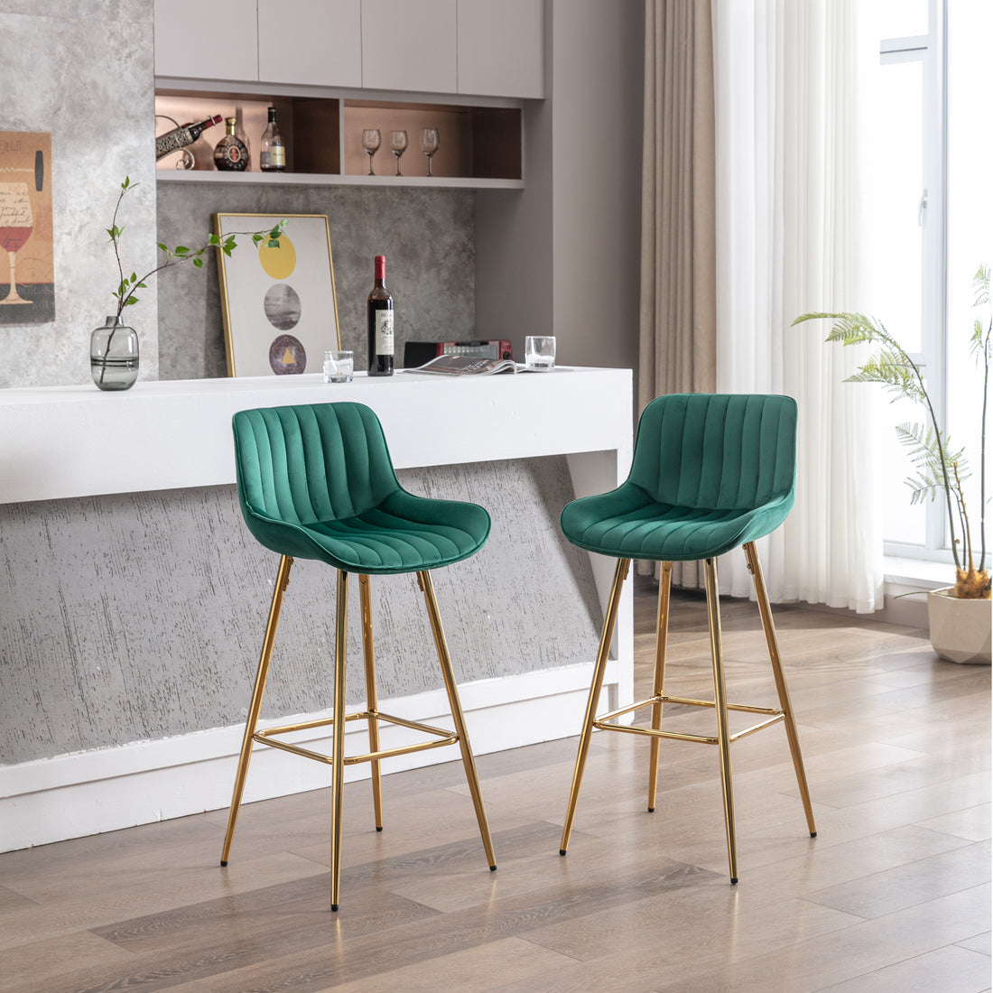 30 Inch Set Of 2 Bar Stools,With Chrome Footrest Velvet Fabric Counter Stool Golden Leg Simple High Bar Stool,Green Green Foam Fabric