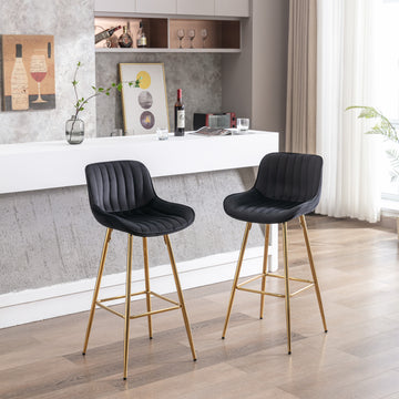 30 Inch Set Of 2 Bar Stools,With Chrome Footrest Velvet Fabric Counter Stool Golden Leg Simple High Bar Stool,Black Black Foam Fabric