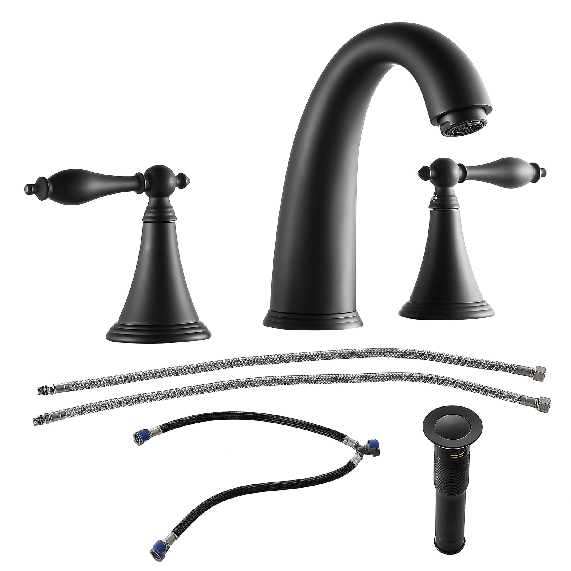 2 Handle Widespread Bathroom Faucet 3 Hole, With Pop Up Drain And 2 Water Supply Lines, Matte Black Matte Black Stainless Steel