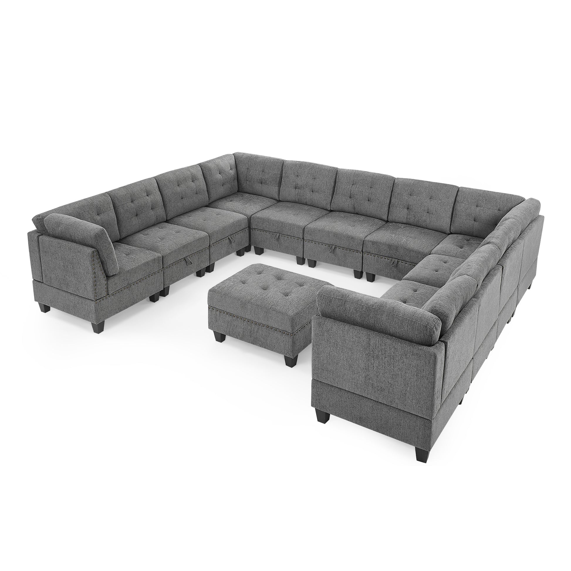 U Shape Modular Sectional Sofa,Diy Combination,Includes Seven Single Chair, Four Corner And One Ottoman,Grey Grey Plywood Chenille 10 Seat