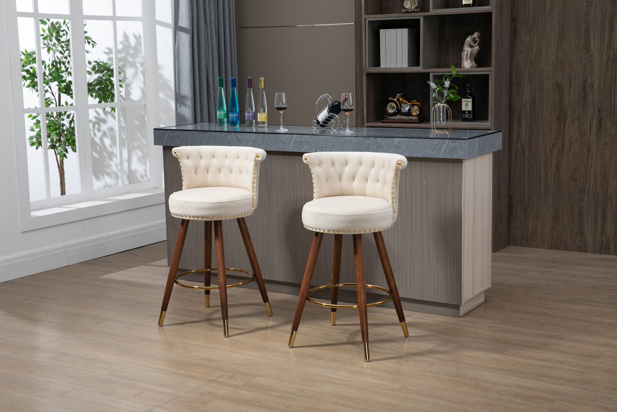 Coolmore Swivel Bar Stools With Backrest Footrest With A Fixed Height Of 360 Degrees Ivory Solid Wood