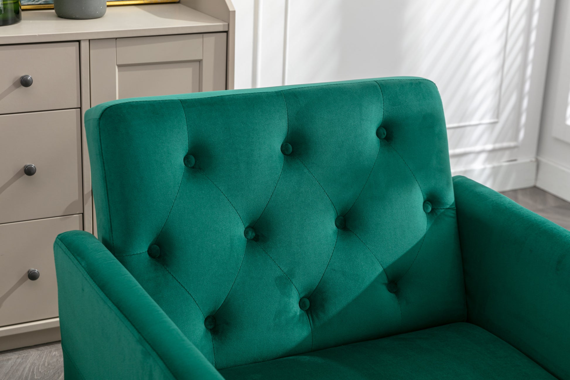 Coolmore Velvet Accent Chair With Adjustable Armrests And Backrest, Button Tufted Lounge Chair, Single Recliner Armchair With Ottoman Green Metal