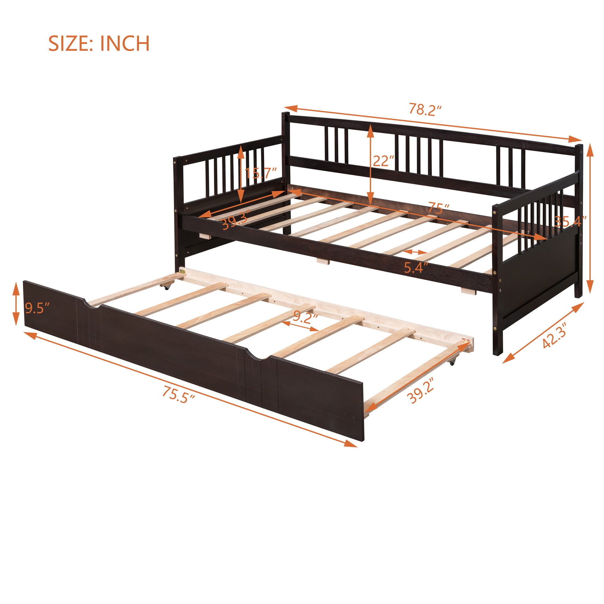 Twin Size Daybed Wood Bed With Twin Size Trundle,Espresso Espresso Solid Wood