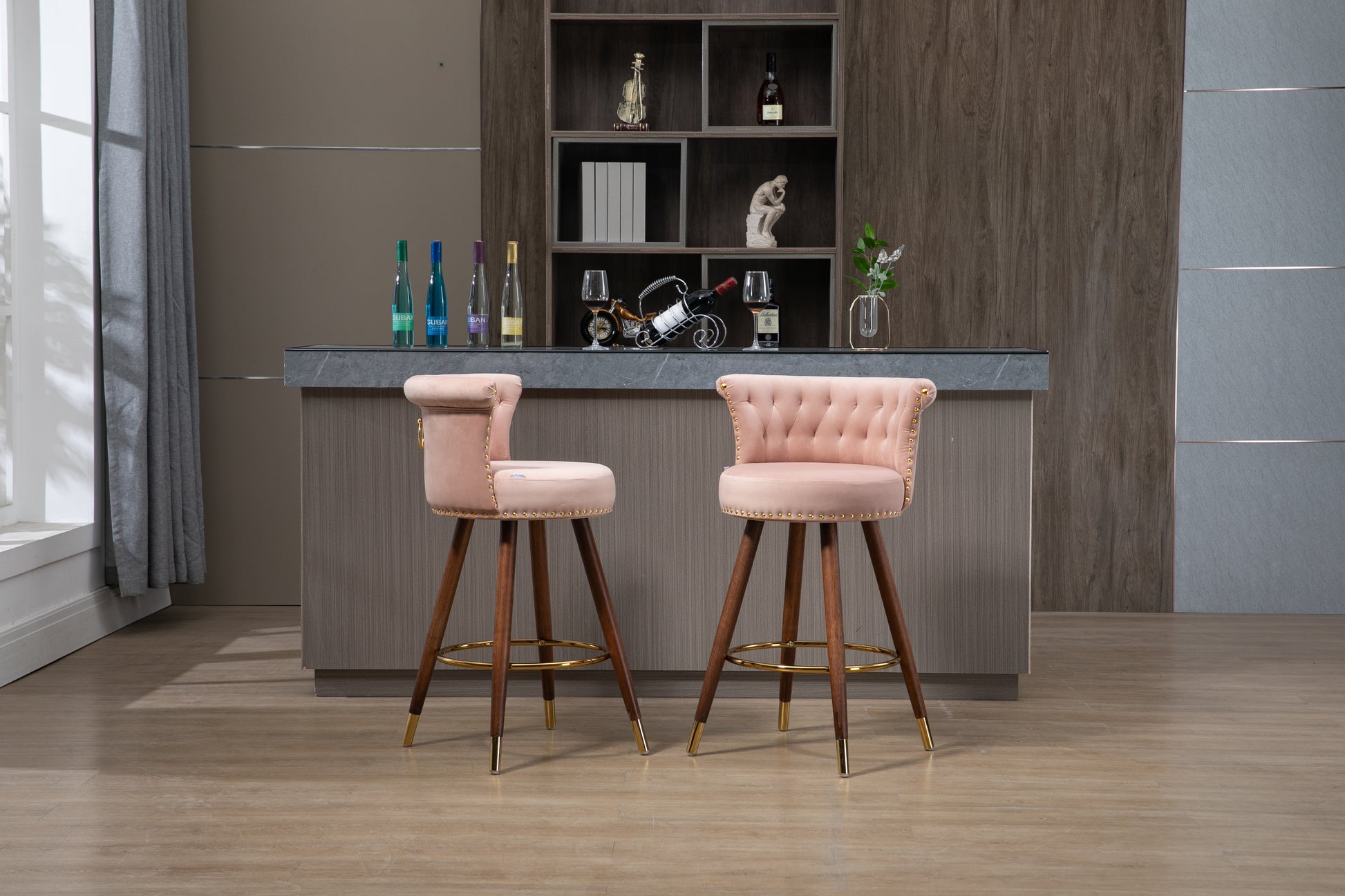 Coolmore Swivel Bar Stools With Backrest Footrest With A Fixed Height Of 360 Degrees Pink Solid Wood