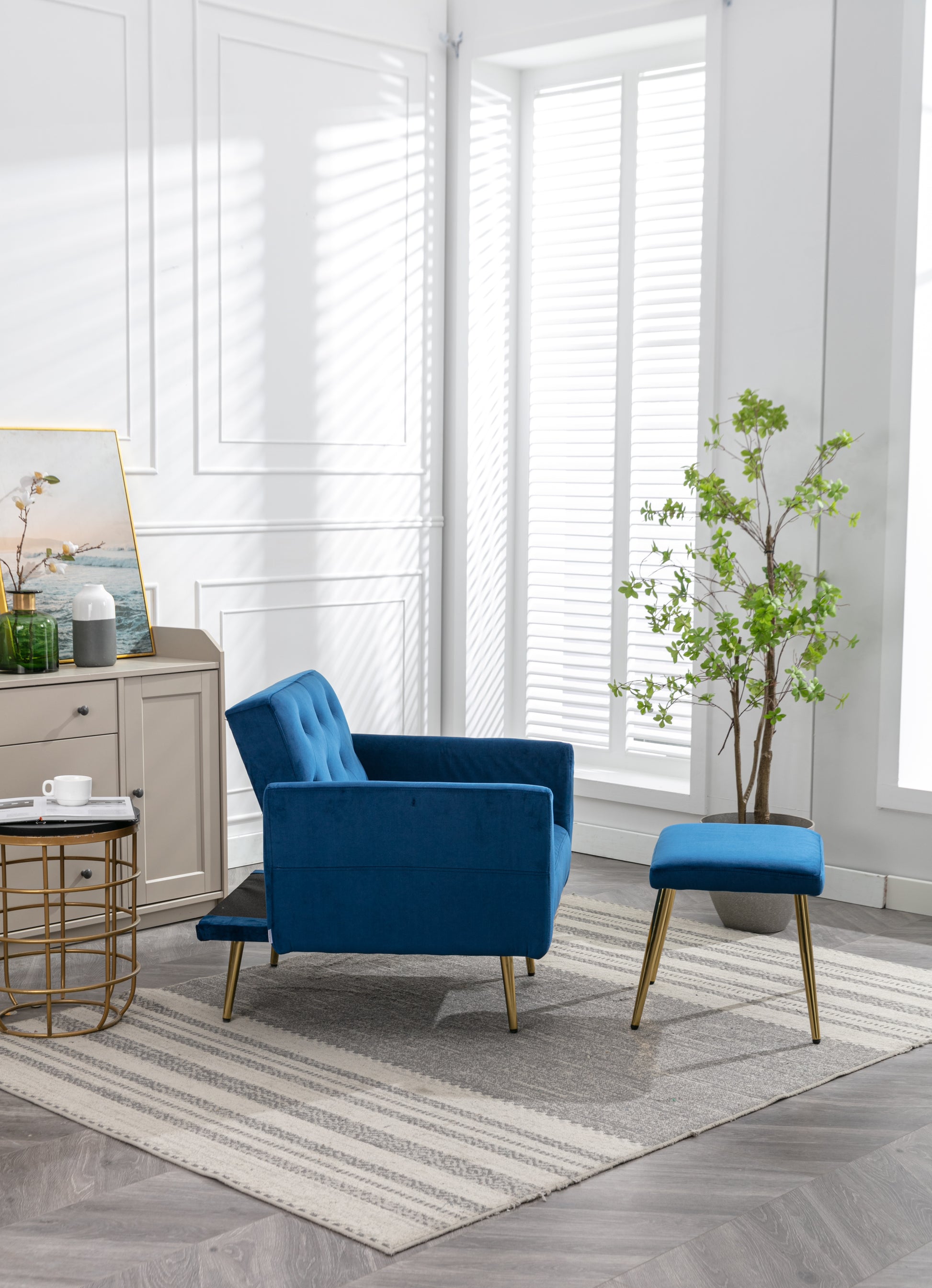 Coolmore Velvet Accent Chair With Adjustable Armrests And Backrest, Button Tufted Lounge Chair, Single Recliner Armchair With Ottoman Navy Metal