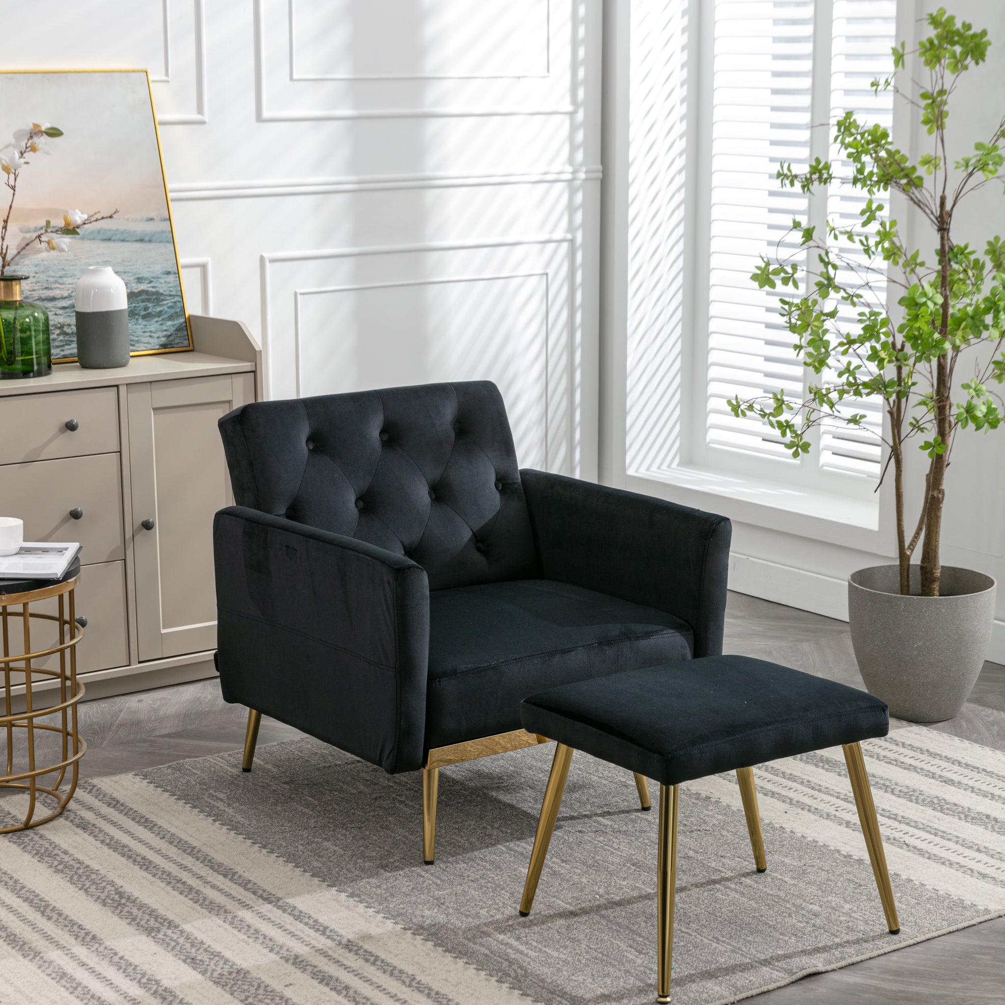 Coolmore Velvet Accent Chair With Adjustable Armrests And Backrest, Button Tufted Lounge Chair, Single Recliner Armchair With Ottoman Black Metal