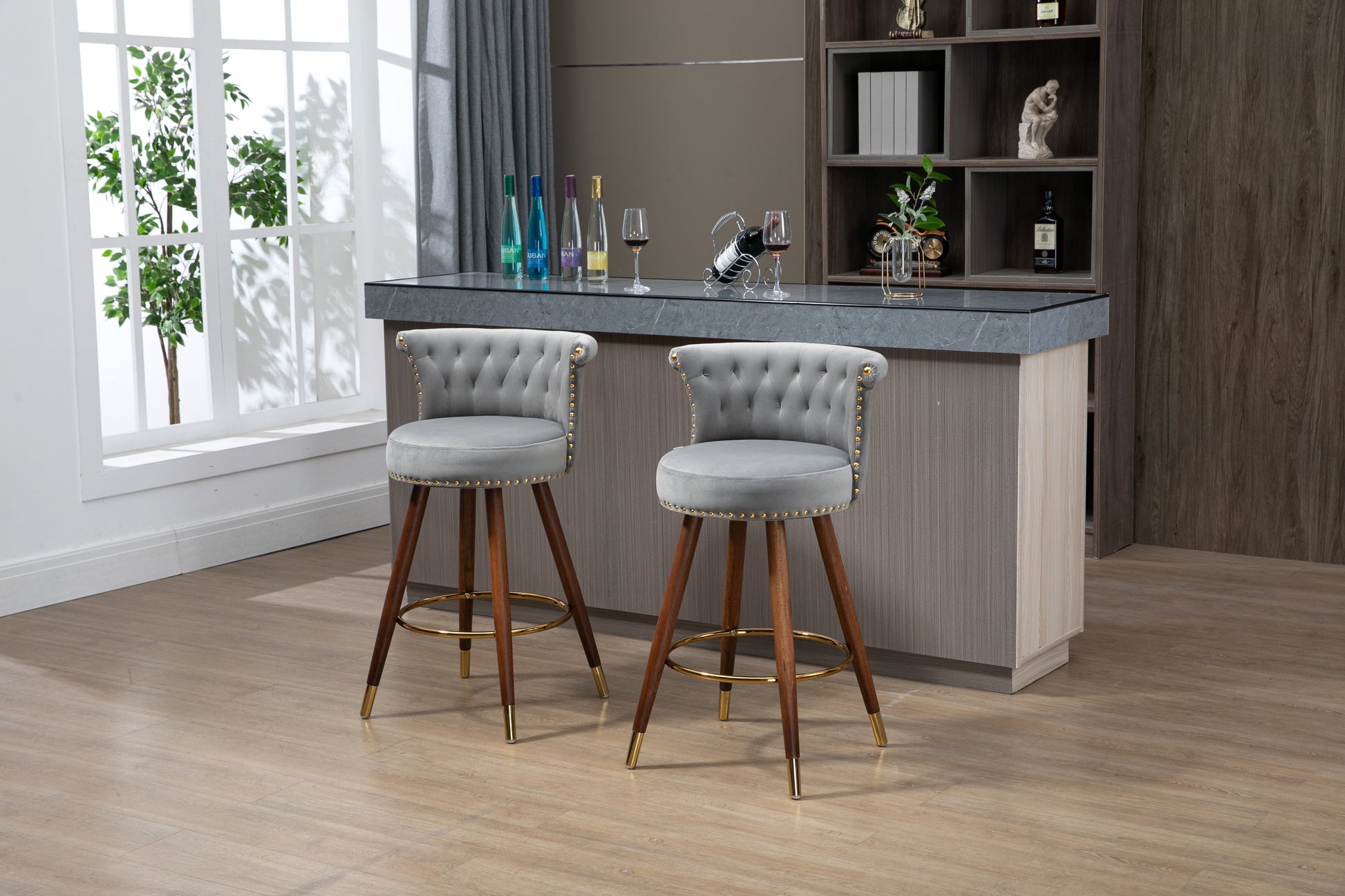 Coolmore Swivel Bar Stools With Backrest Footrest ,With A Fixed Height Of 360 Degrees Gray Solid Wood