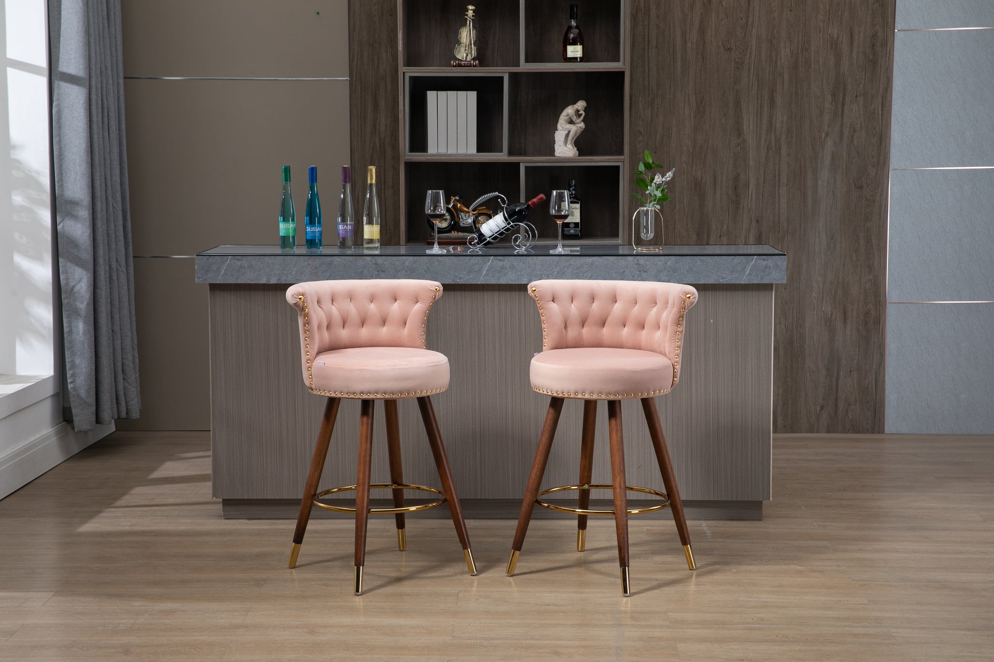 Coolmore Swivel Bar Stools With Backrest Footrest With A Fixed Height Of 360 Degrees Pink Solid Wood
