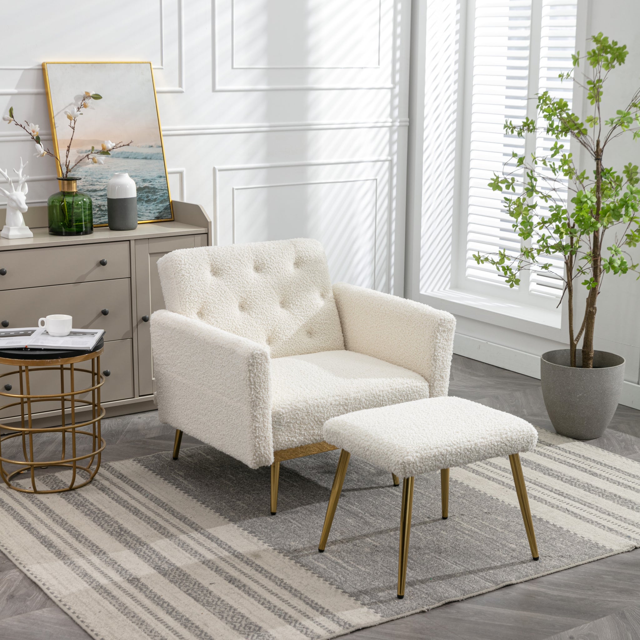 Coolmore Velvet Accent Chair With Adjustable Armrests And Backrest, Button Tufted Lounge Chair, Single Recliner Armchair With Ottoman White Teddy Metal
