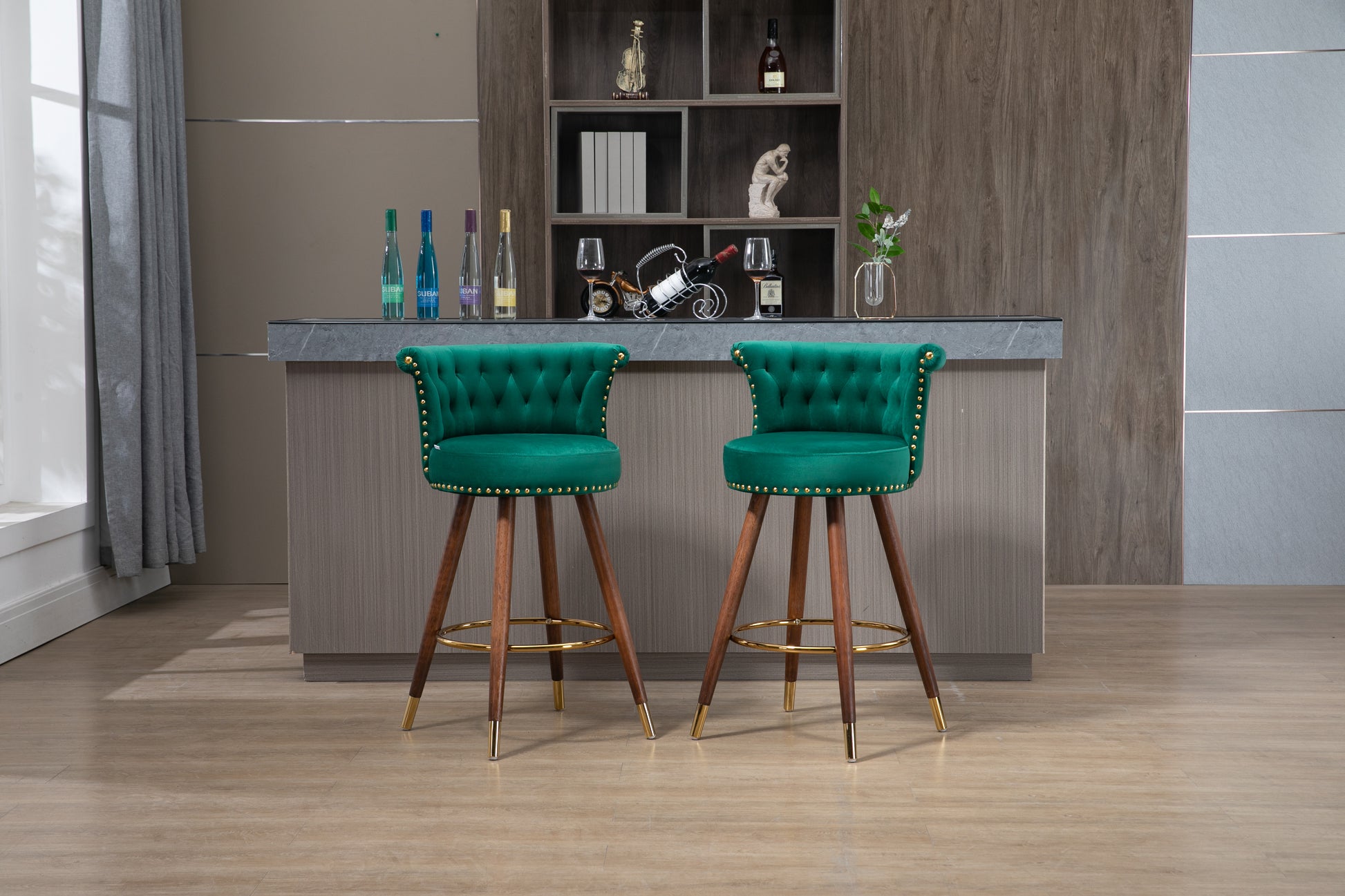 Coolmore Swivel Bar Stools With Backrest Footrest With A Fixed Height Of 360 Degrees Emerald Solid Wood