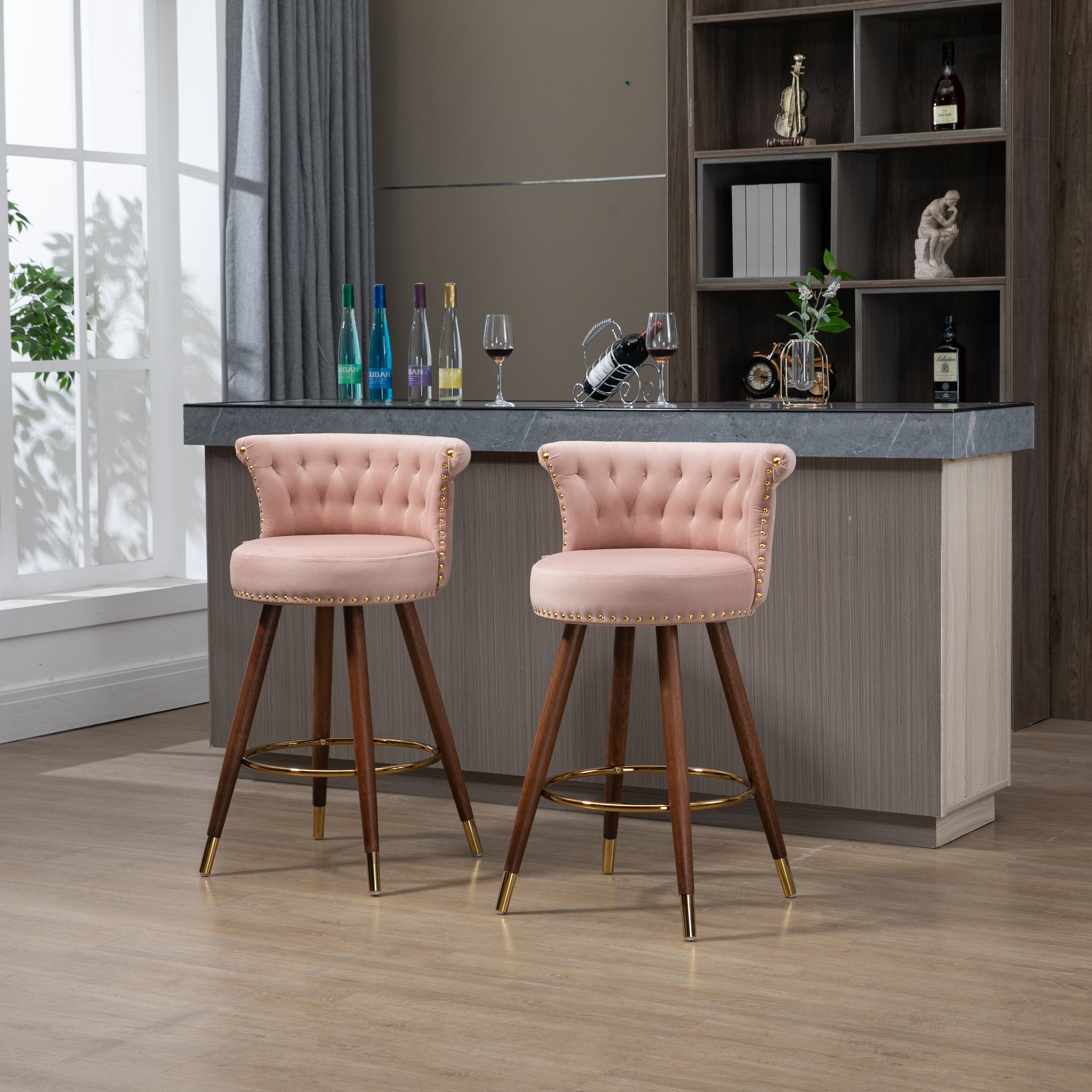 Coolmore Swivel Bar Stools With Backrest Footrest With A Fixed Height Of 360 Degrees Pink Solid Wood