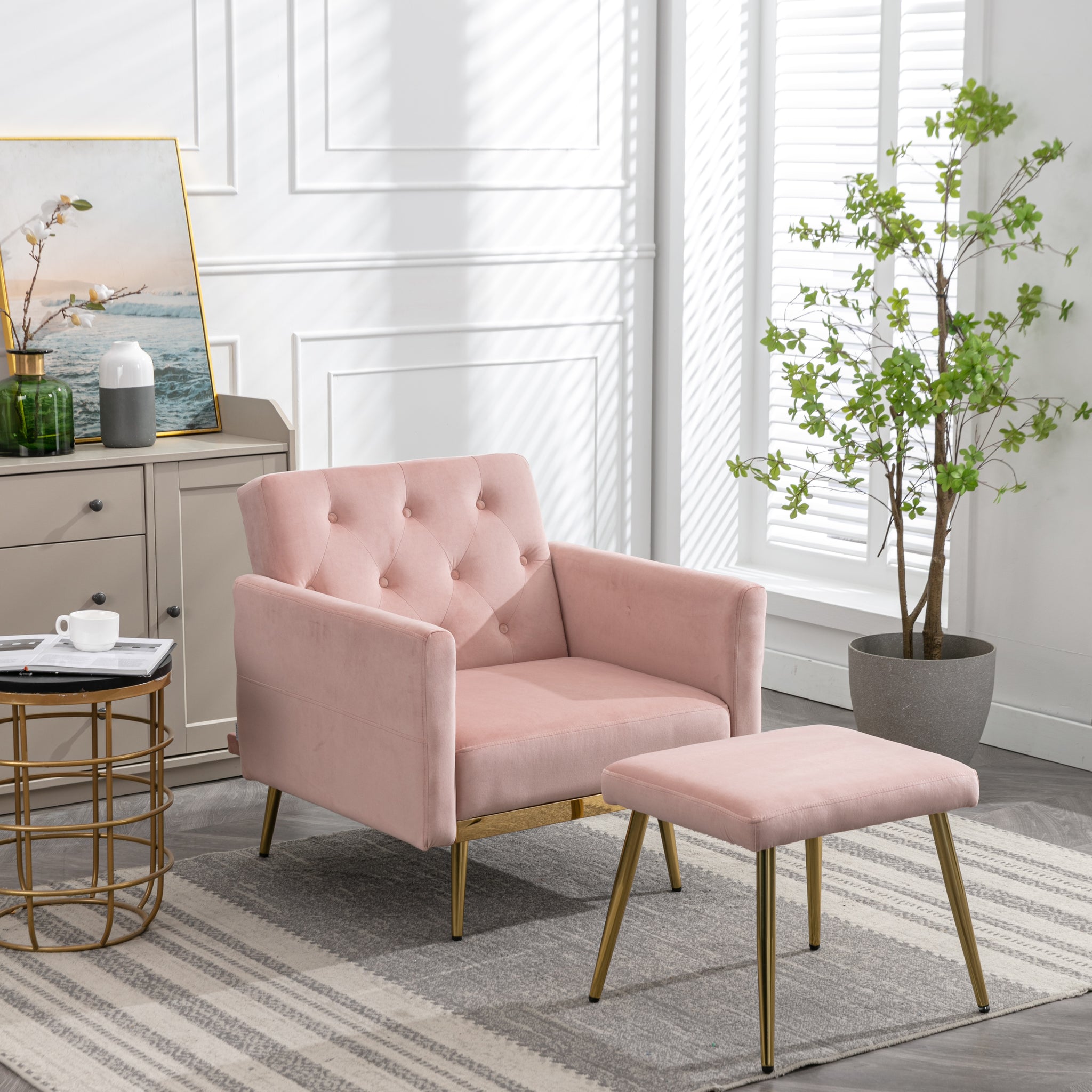 Coolmore Velvet Accent Chair With Adjustable Armrests And Backrest, Button Tufted Lounge Chair, Single Recliner Armchair With Ottoman Pink Metal