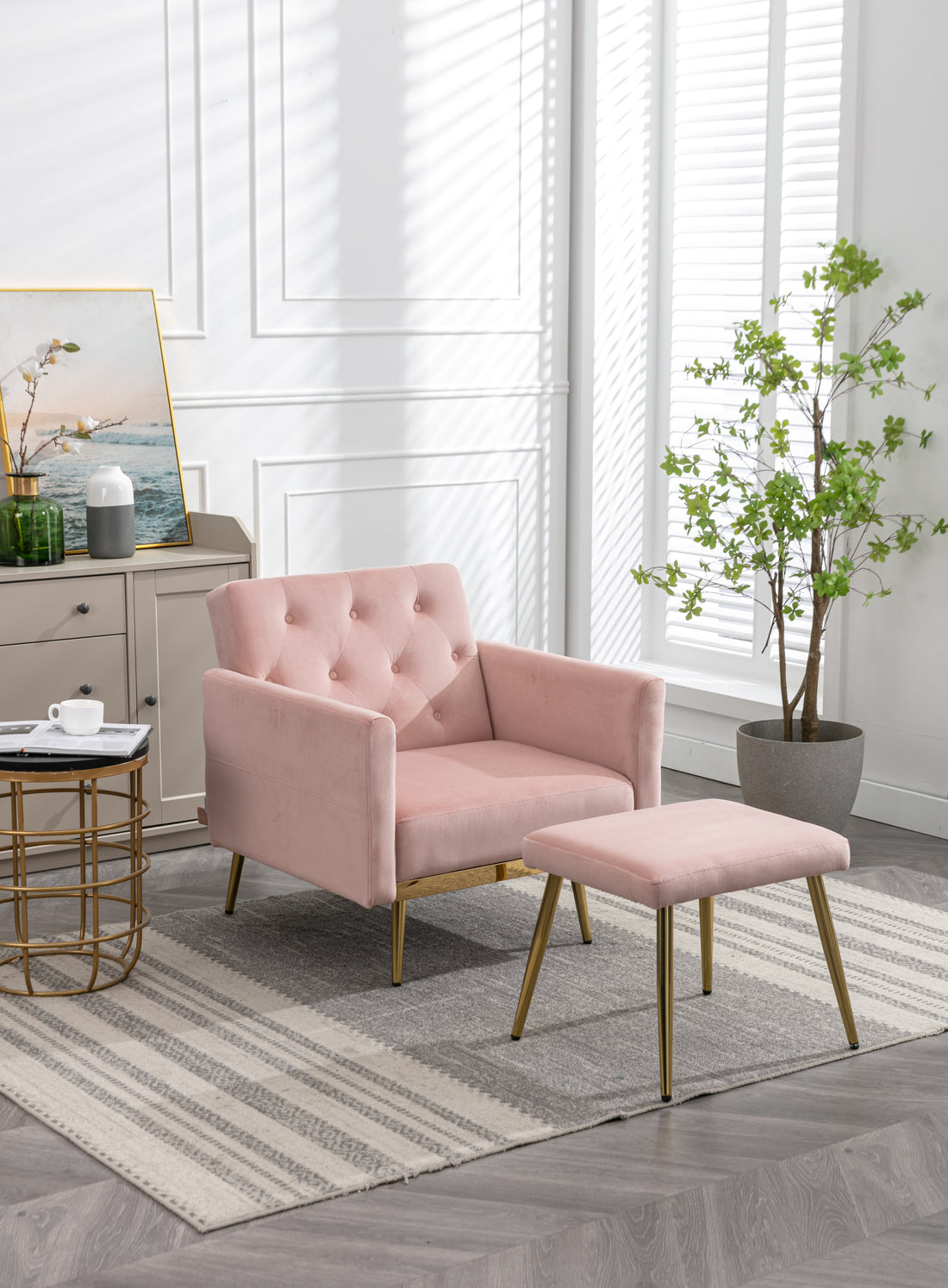 Coolmore Velvet Accent Chair With Adjustable Armrests And Backrest, Button Tufted Lounge Chair, Single Recliner Armchair With Ottoman Pink Metal