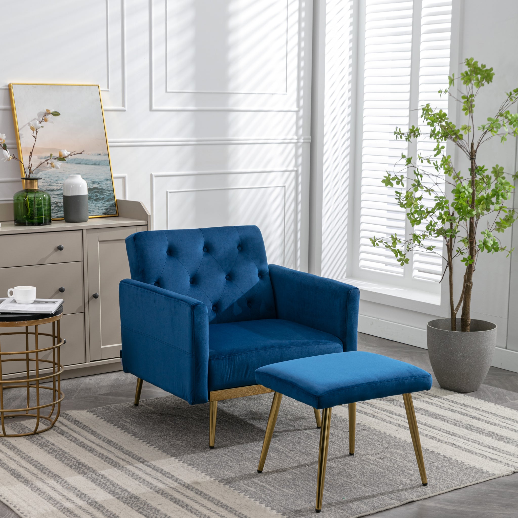 Coolmore Velvet Accent Chair With Adjustable Armrests And Backrest, Button Tufted Lounge Chair, Single Recliner Armchair With Ottoman Navy Metal