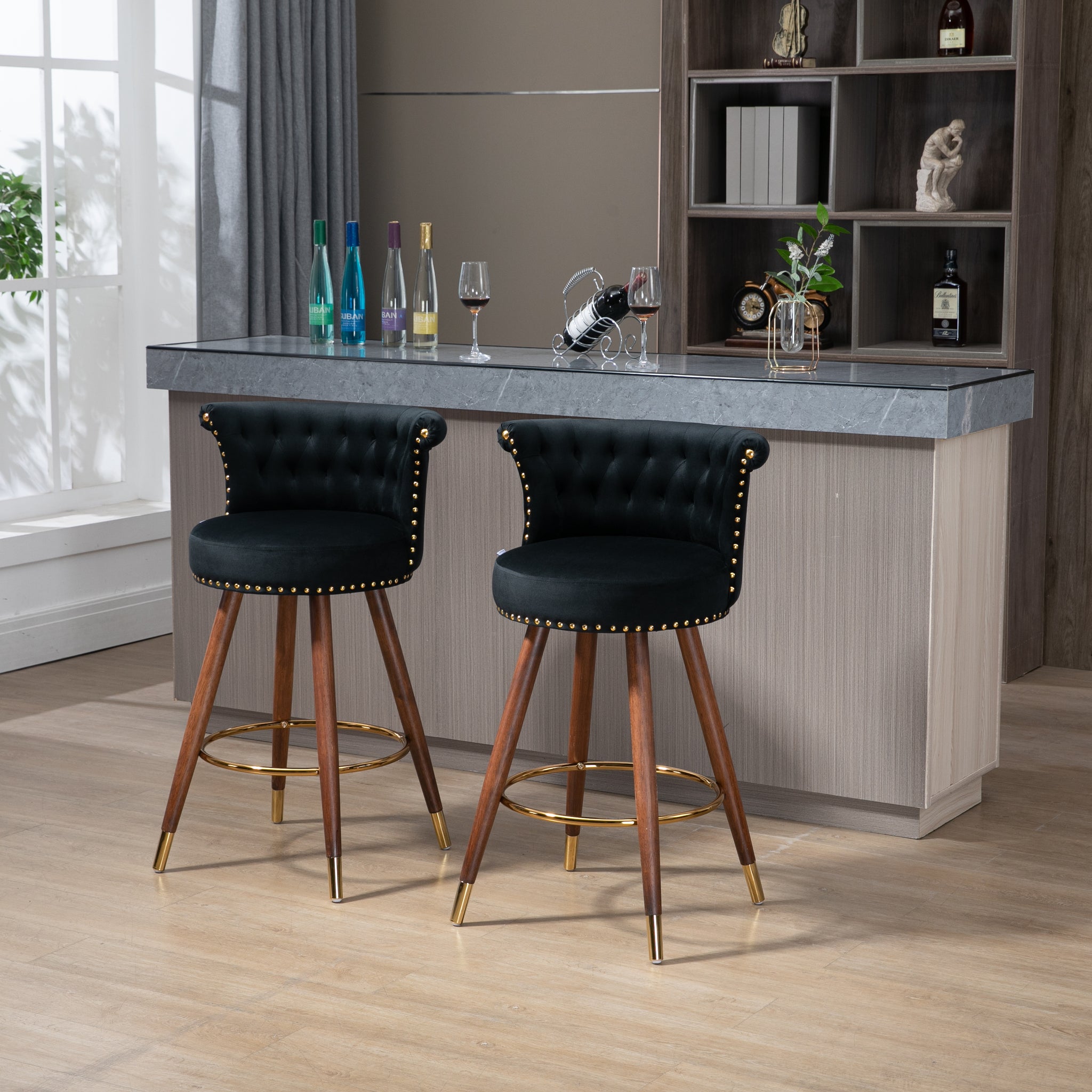 Coolmore Swivel Bar Stools With Backrest Footrest With A Fixed Height Of 360 Degrees Black Solid Wood