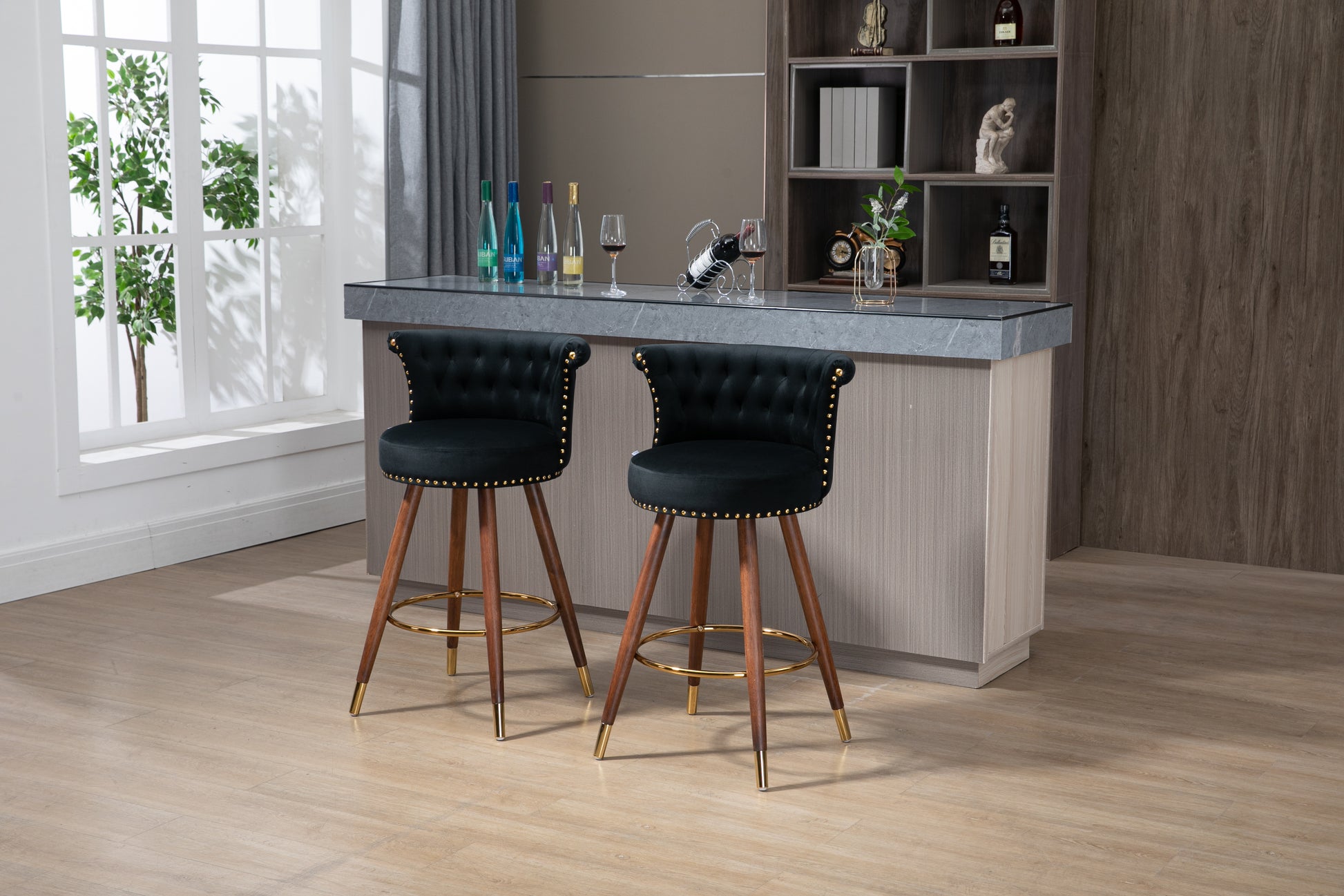Coolmore Swivel Bar Stools With Backrest Footrest With A Fixed Height Of 360 Degrees Black Solid Wood