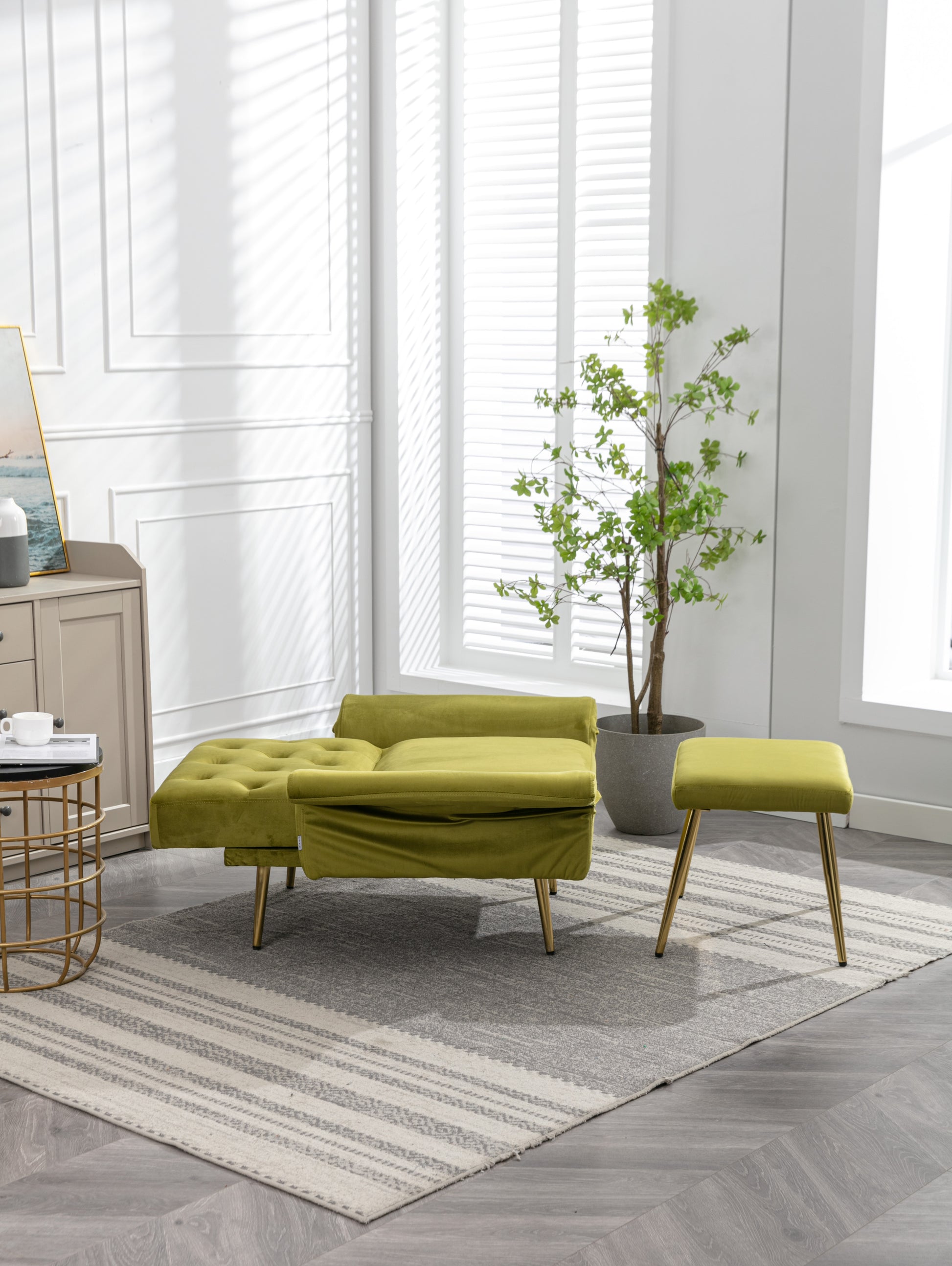 Coolmore Velvet Accent Chair With Adjustable Armrests And Backrest, Button Tufted Lounge Chair, Single Recliner Armchair With Ottoman Olive Green Metal