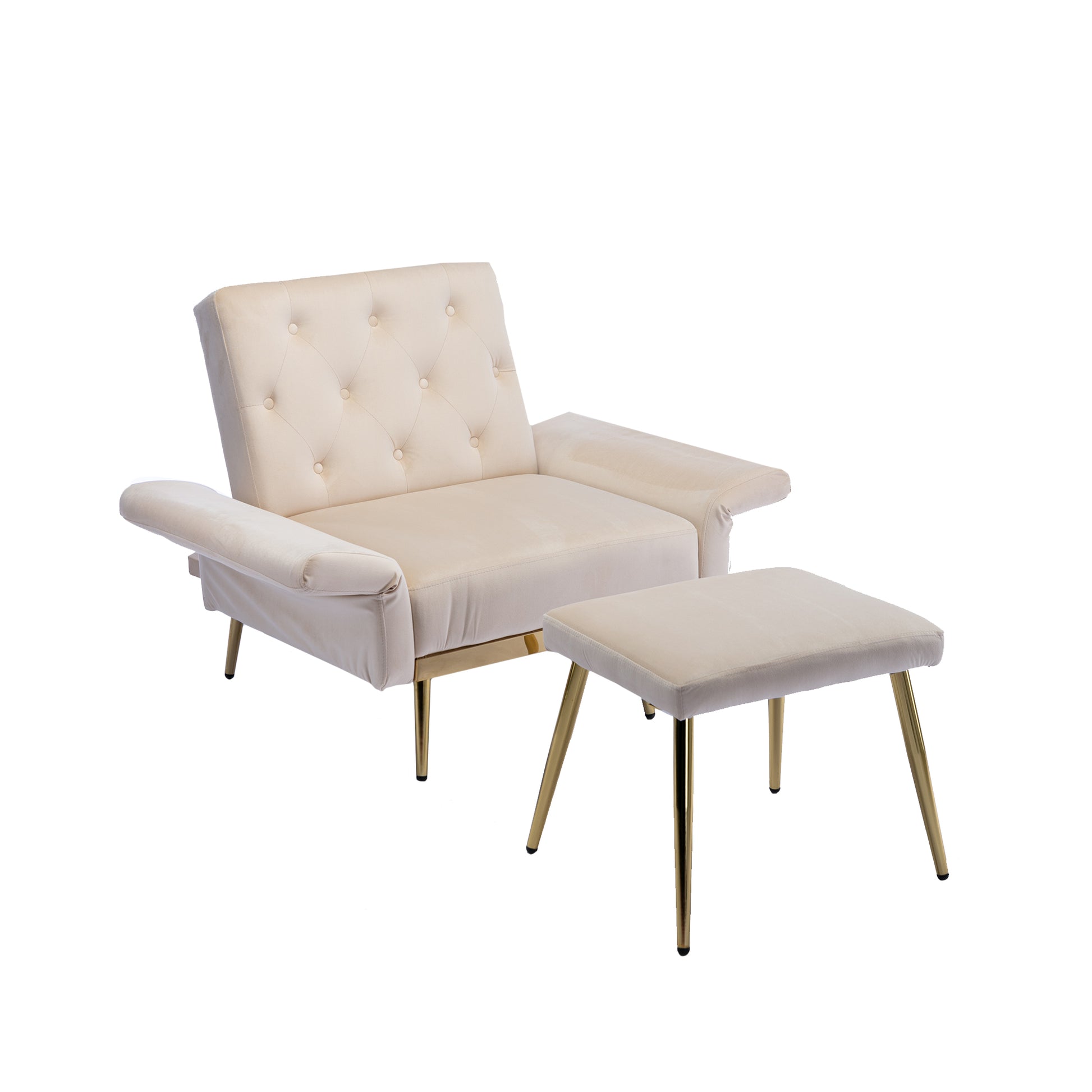 Coolmore Velvet Accent Chair With Adjustable Armrests And Backrest, Button Tufted Lounge Chair, Single Recliner Armchair With Ottoman Beige Metal
