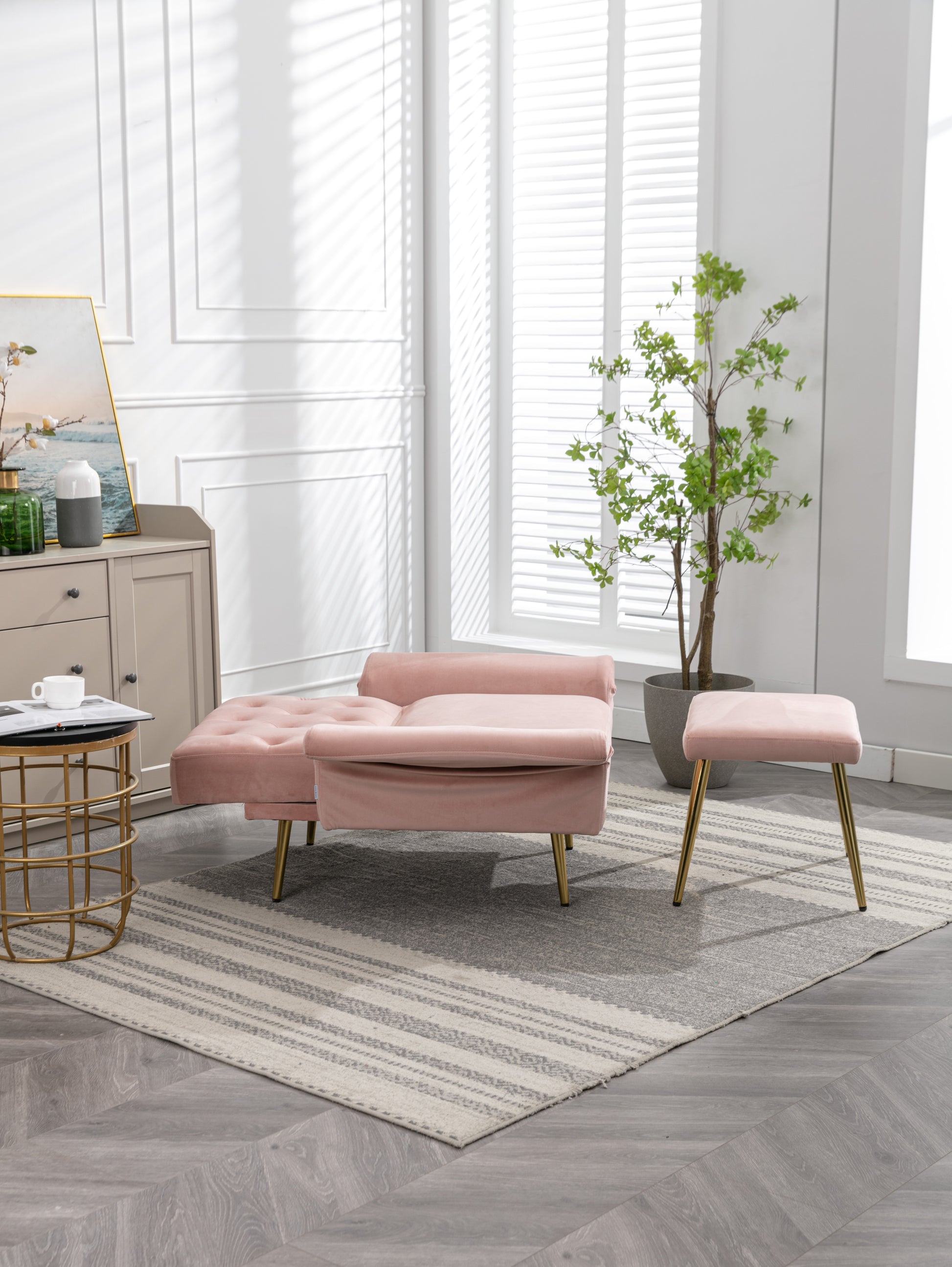 Coolmore Velvet Accent Chair With Adjustable Armrests And Backrest, Button Tufted Lounge Chair, Single Recliner Armchair With Ottoman Pink Metal