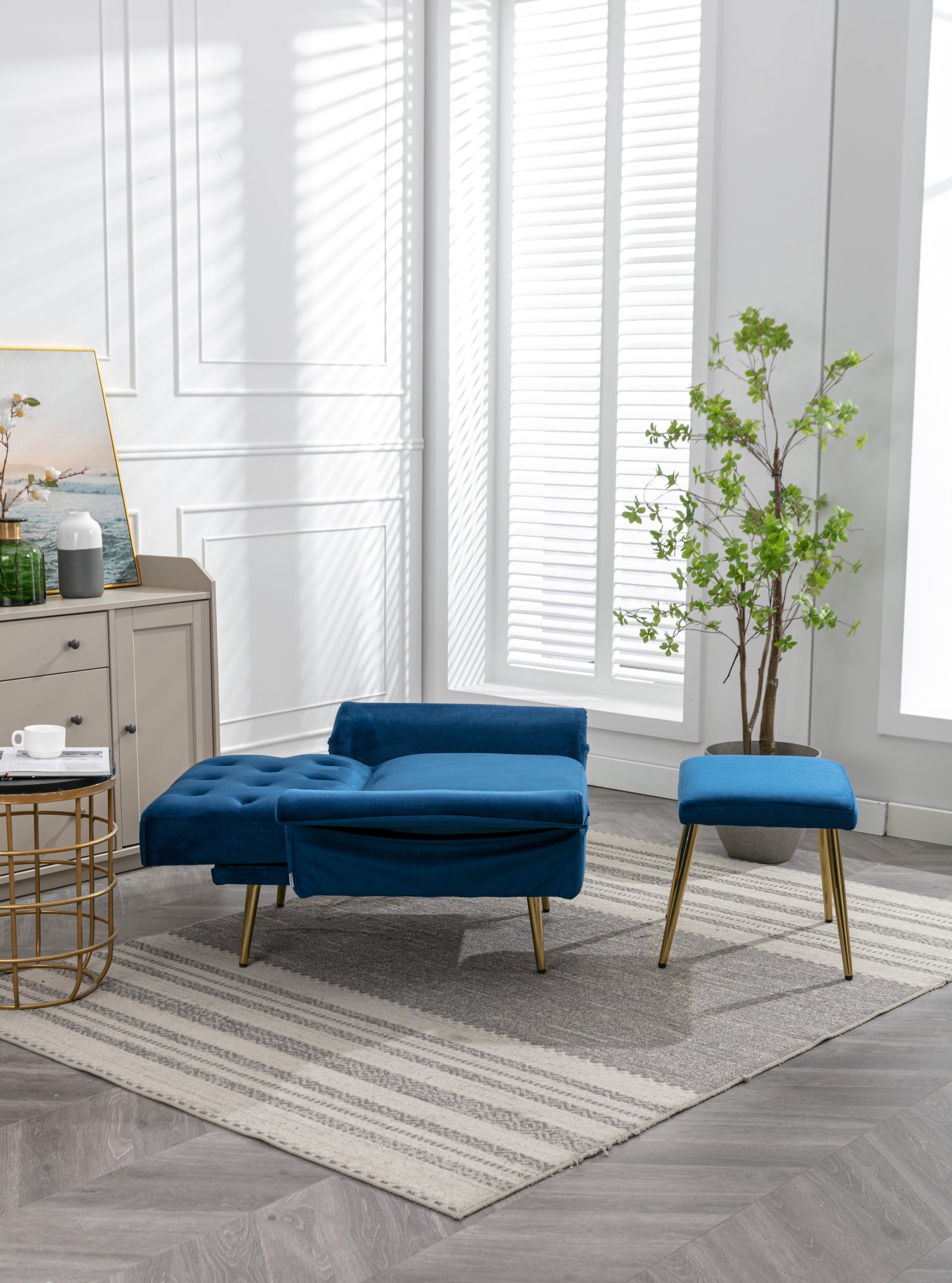 Coolmore Velvet Accent Chair With Adjustable Armrests And Backrest, Button Tufted Lounge Chair, Single Recliner Armchair With Ottoman Navy Metal