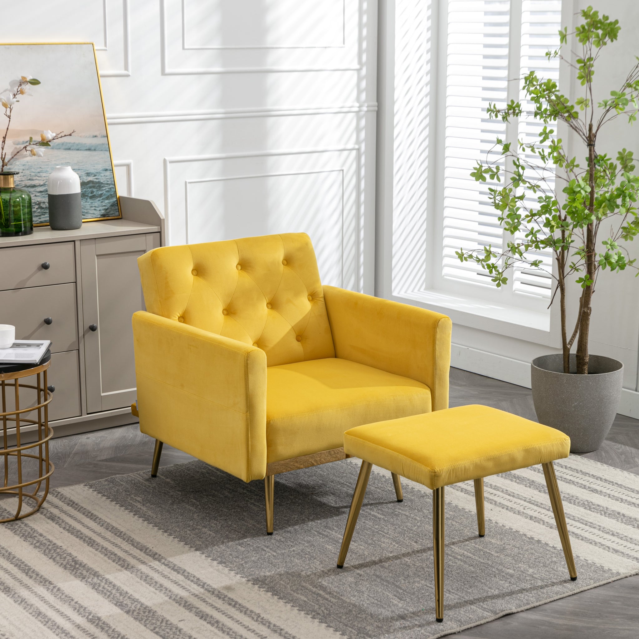 Coolmore Velvet Accent Chair With Adjustable Armrests And Backrest, Button Tufted Lounge Chair, Single Recliner Armchair With Ottoman Mustard Metal
