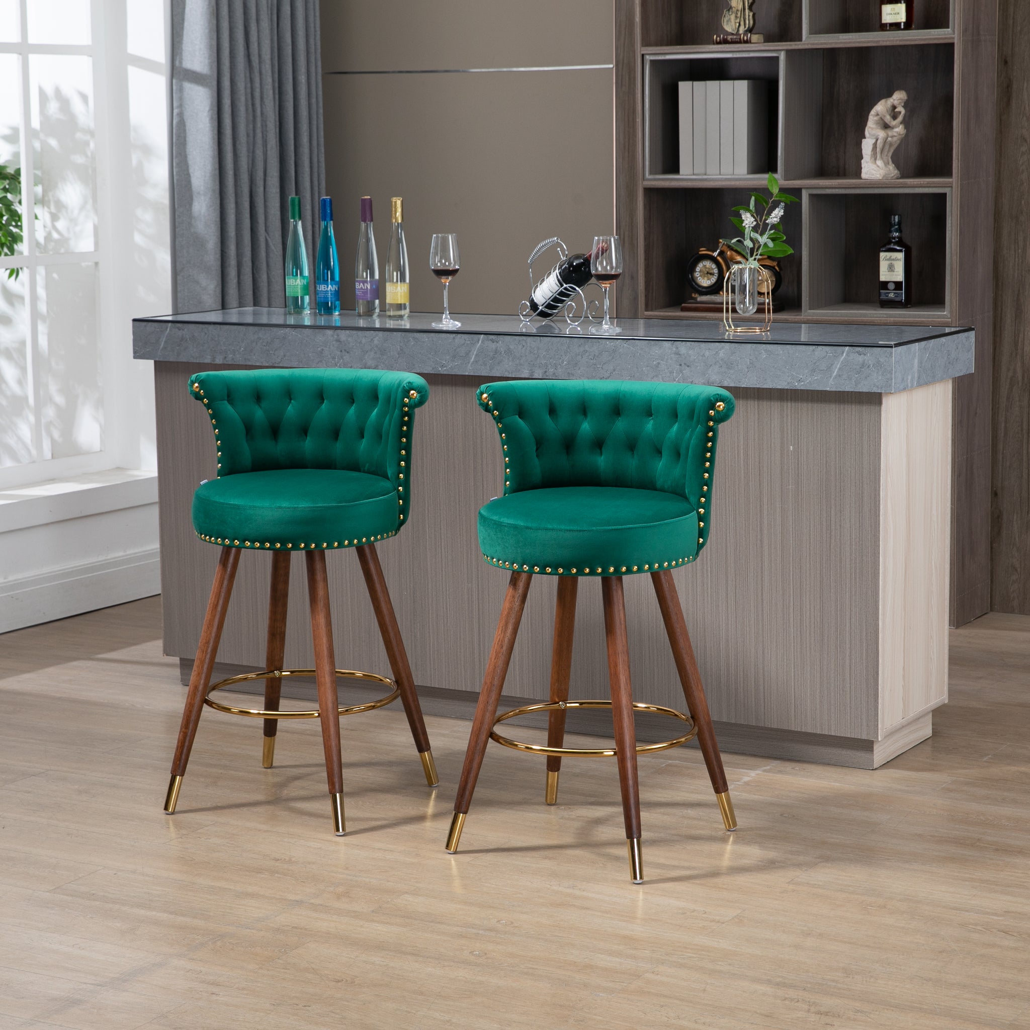 Coolmore Swivel Bar Stools With Backrest Footrest With A Fixed Height Of 360 Degrees Emerald Solid Wood