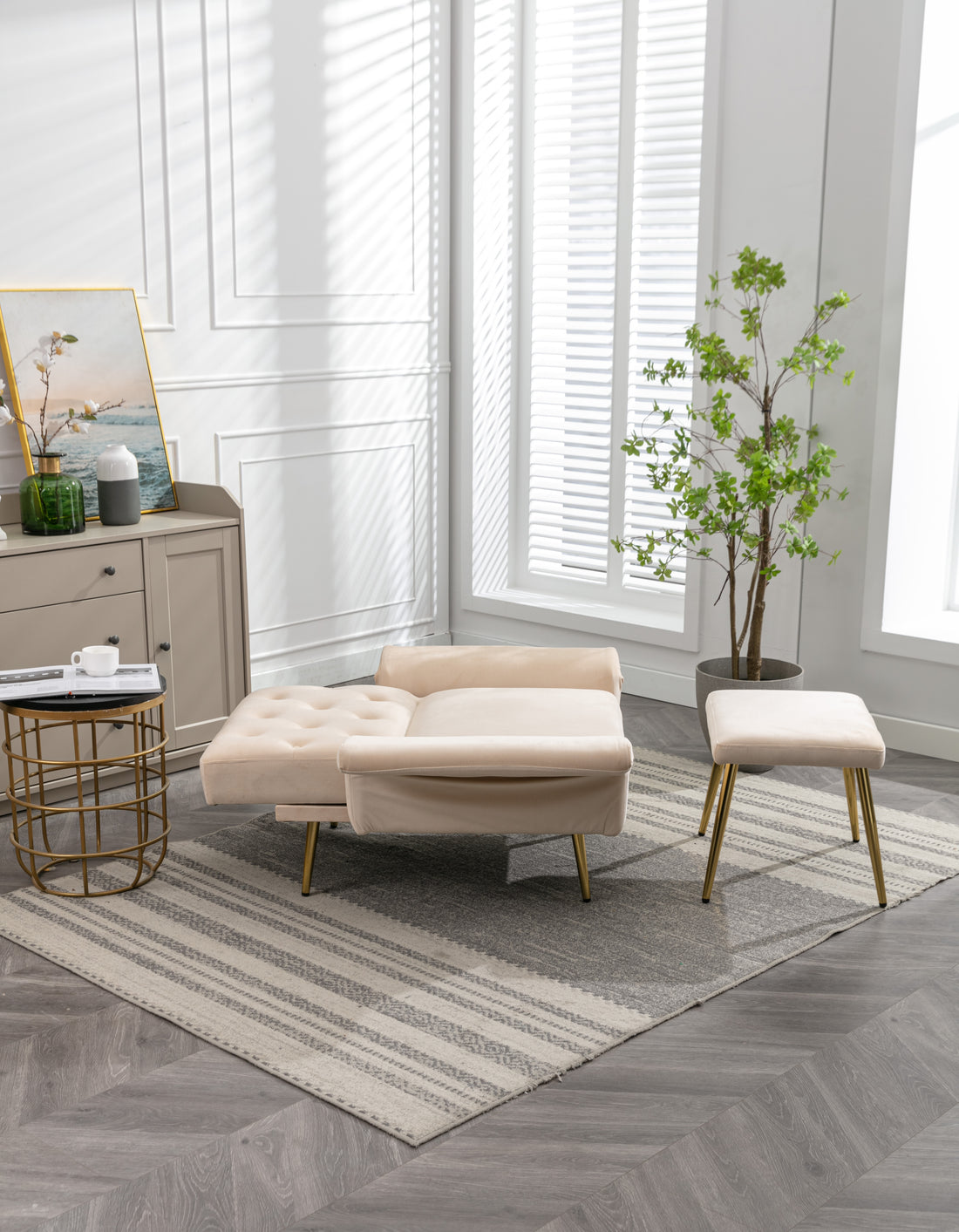 Coolmore Velvet Accent Chair With Adjustable Armrests And Backrest, Button Tufted Lounge Chair, Single Recliner Armchair With Ottoman Beige Metal