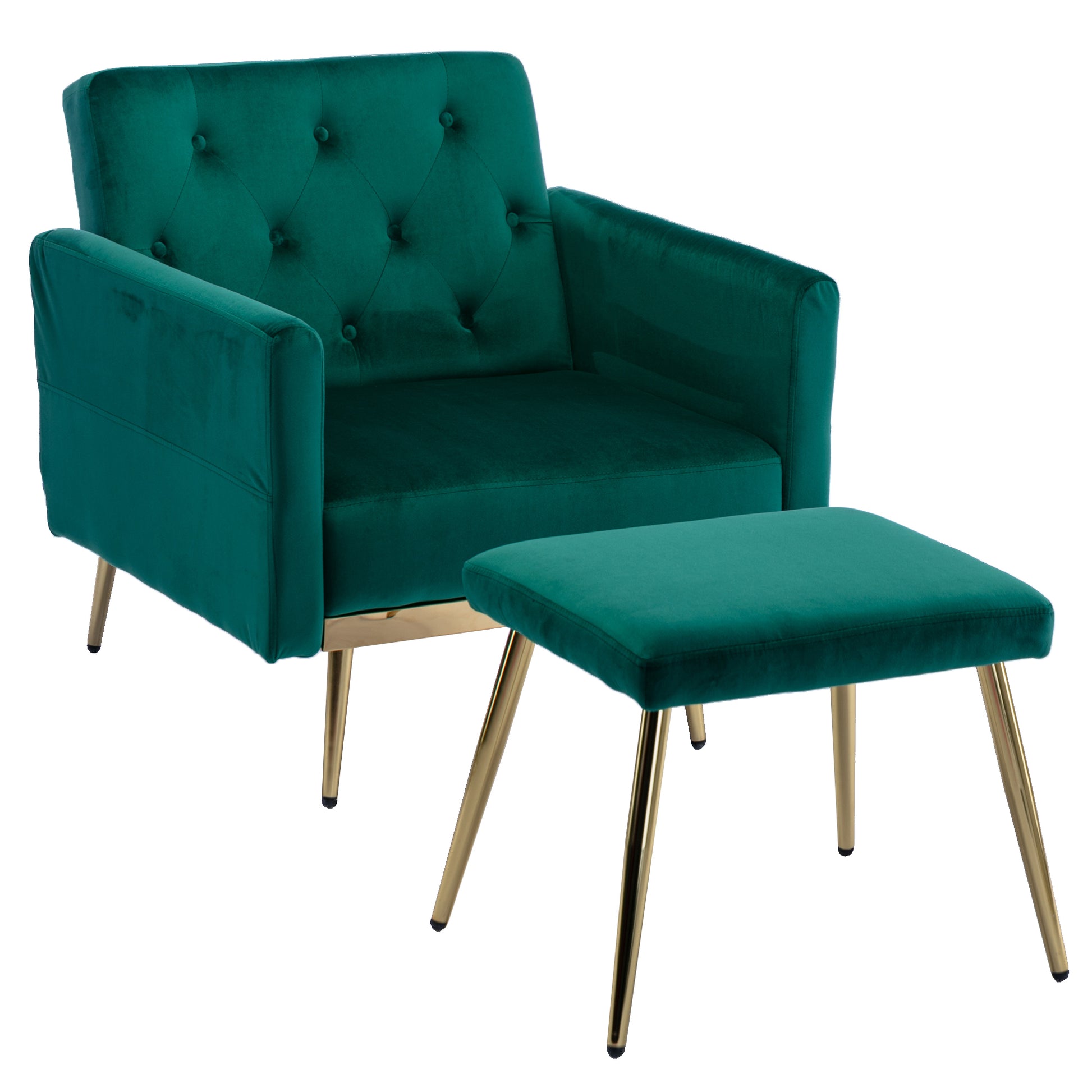 Coolmore Velvet Accent Chair With Adjustable Armrests And Backrest, Button Tufted Lounge Chair, Single Recliner Armchair With Ottoman Green Metal