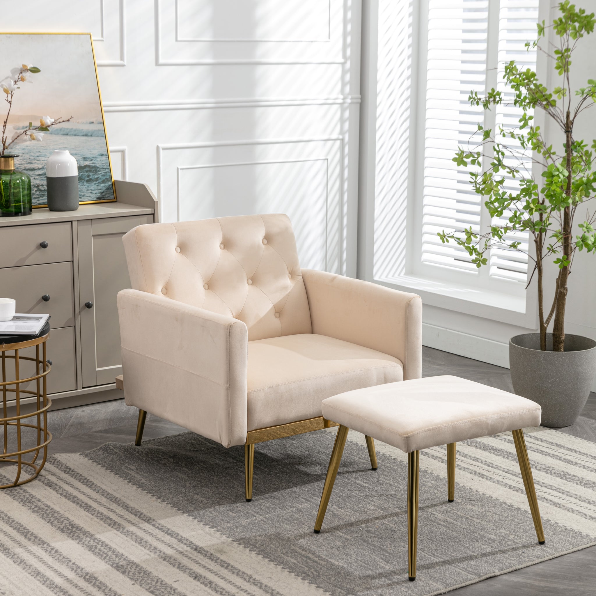 Coolmore Velvet Accent Chair With Adjustable Armrests And Backrest, Button Tufted Lounge Chair, Single Recliner Armchair With Ottoman Beige Metal
