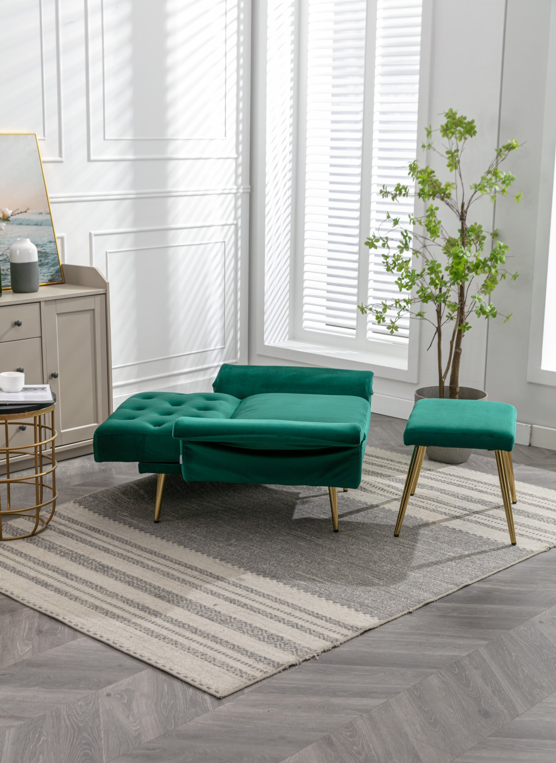 Coolmore Velvet Accent Chair With Adjustable Armrests And Backrest, Button Tufted Lounge Chair, Single Recliner Armchair With Ottoman Green Metal