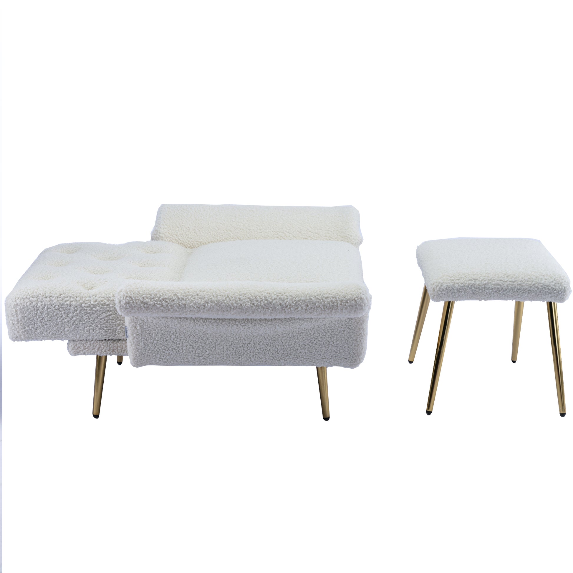 Coolmore Velvet Accent Chair With Adjustable Armrests And Backrest, Button Tufted Lounge Chair, Single Recliner Armchair With Ottoman White Teddy Metal