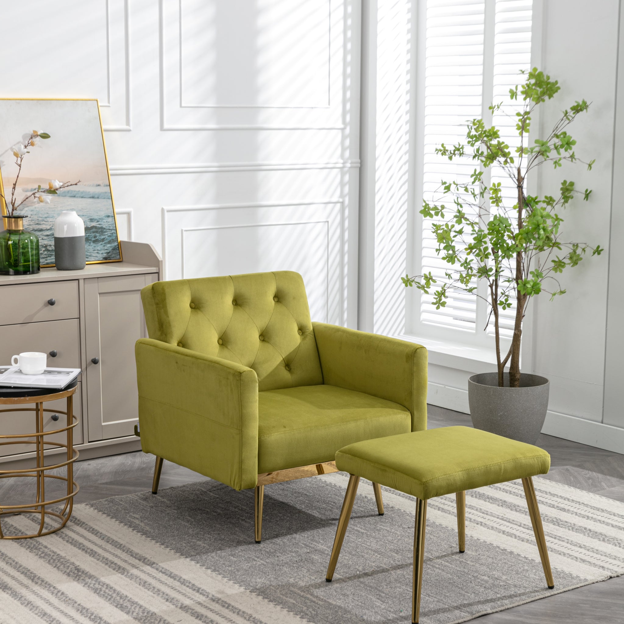 Coolmore Velvet Accent Chair With Adjustable Armrests And Backrest, Button Tufted Lounge Chair, Single Recliner Armchair With Ottoman Olive Green Metal
