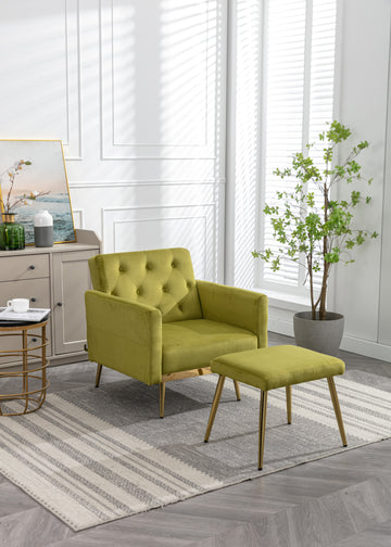 Coolmore Velvet Accent Chair With Adjustable Armrests And Backrest, Button Tufted Lounge Chair, Single Recliner Armchair With Ottoman Olive Green Metal