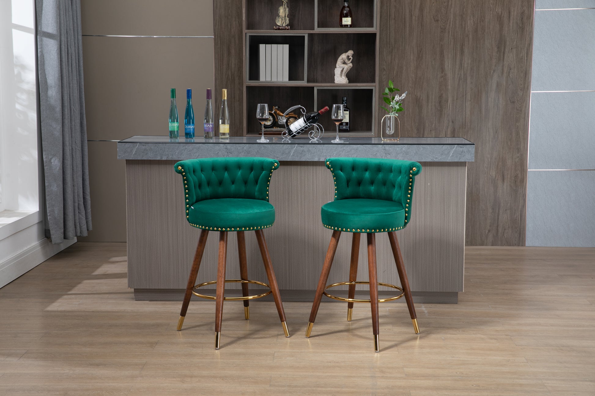 Coolmore Swivel Bar Stools With Backrest Footrest With A Fixed Height Of 360 Degrees Emerald Solid Wood