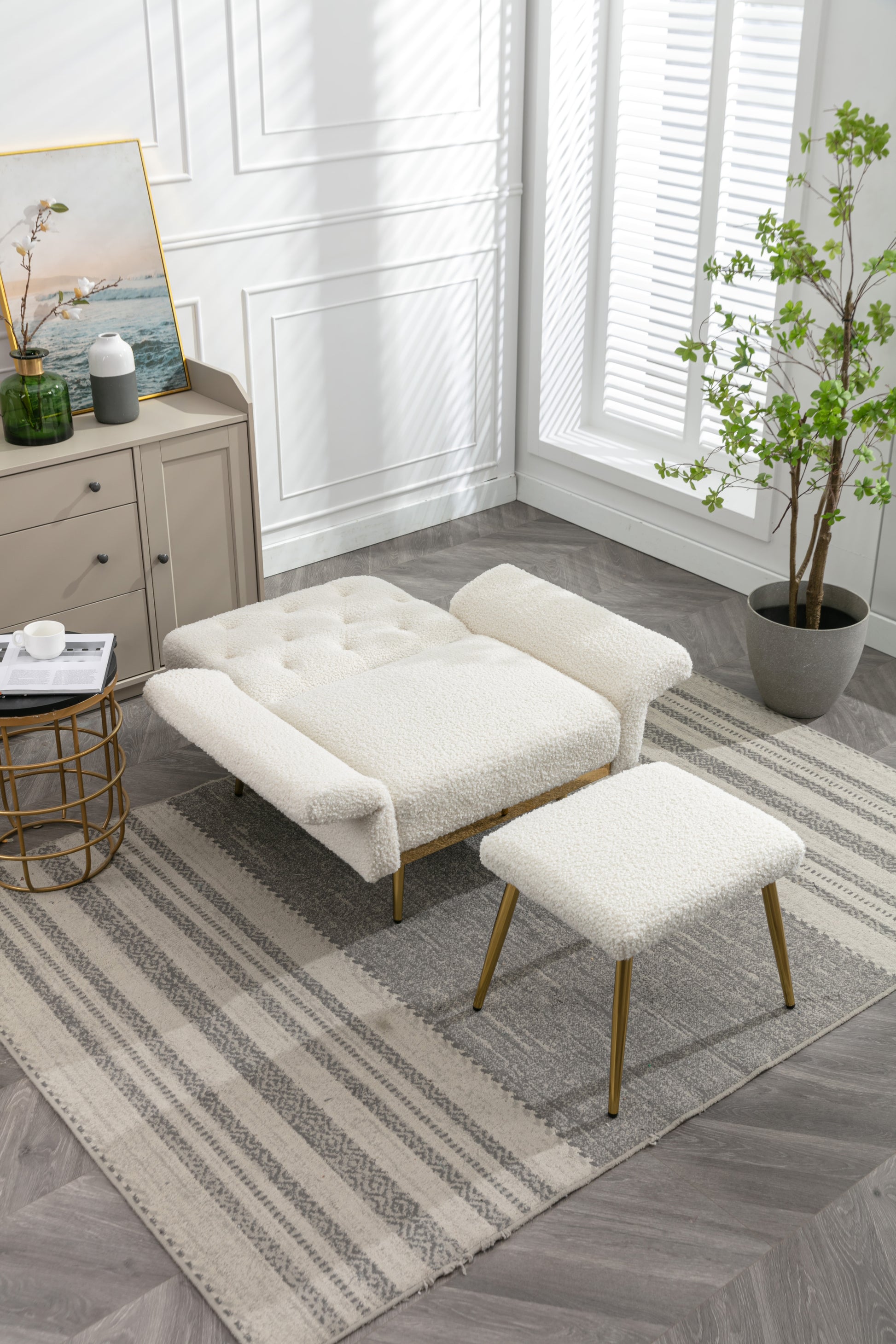Coolmore Velvet Accent Chair With Adjustable Armrests And Backrest, Button Tufted Lounge Chair, Single Recliner Armchair With Ottoman White Teddy Metal