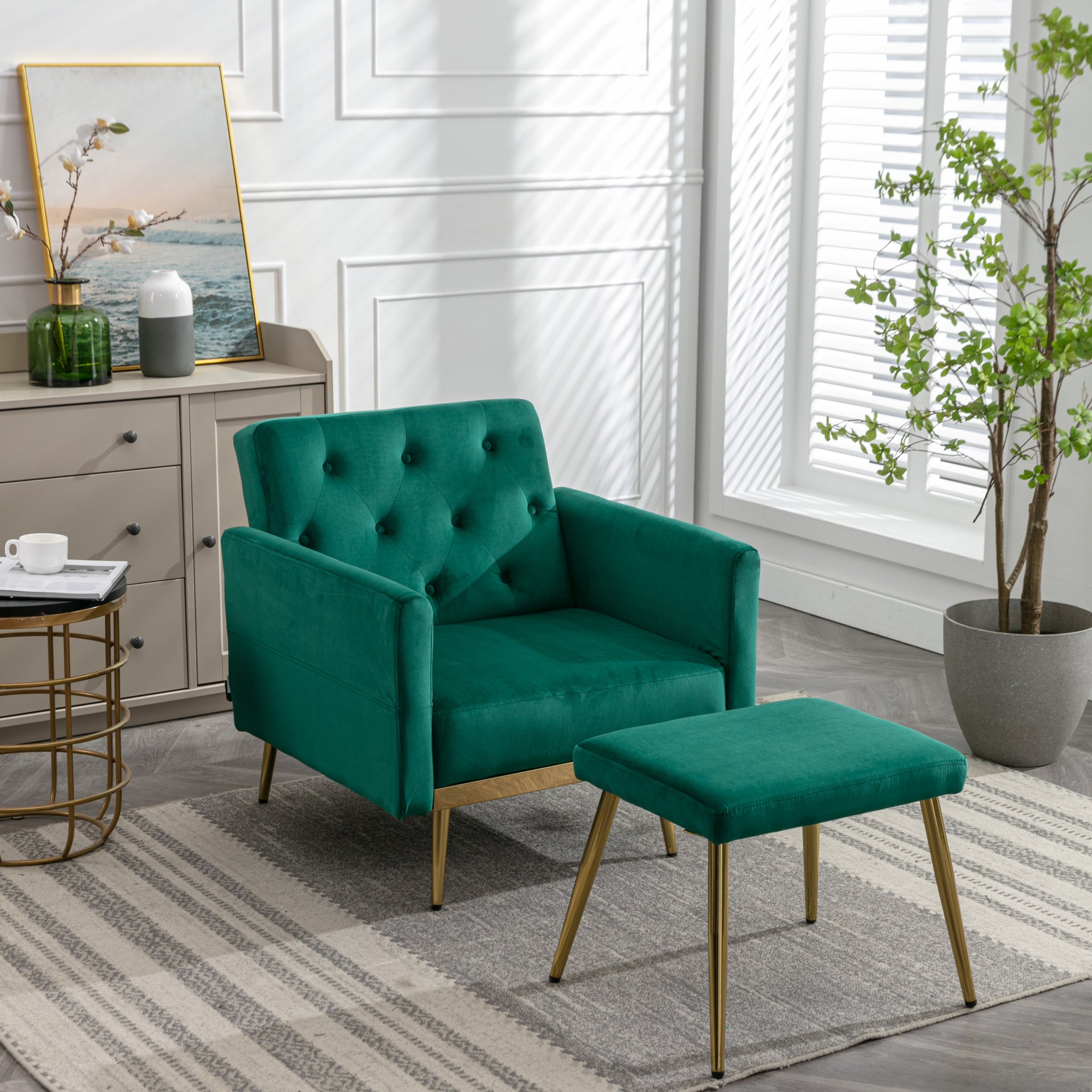 Coolmore Velvet Accent Chair With Adjustable Armrests And Backrest, Button Tufted Lounge Chair, Single Recliner Armchair With Ottoman Green Metal