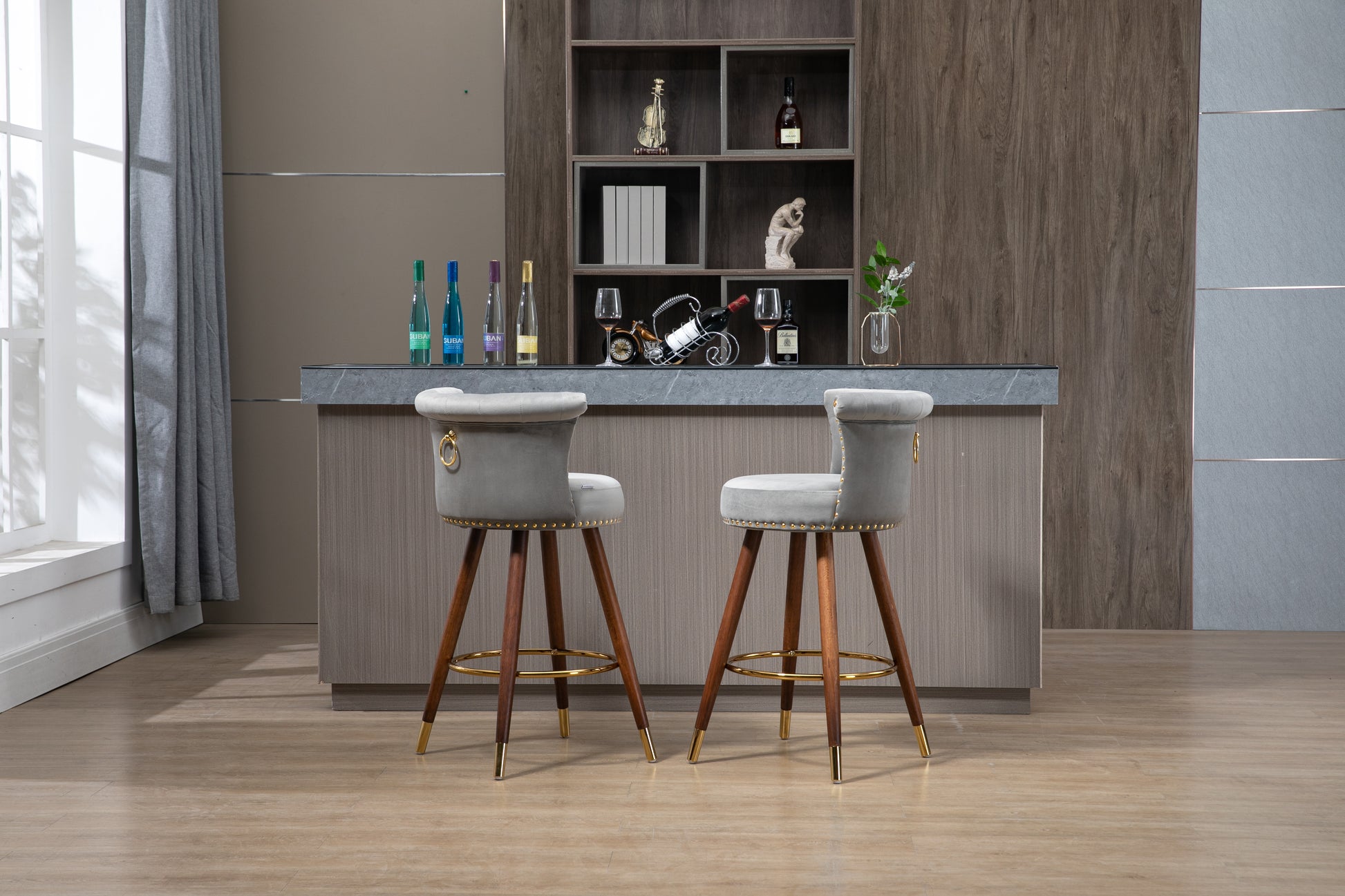 Coolmore Swivel Bar Stools With Backrest Footrest ,With A Fixed Height Of 360 Degrees Gray Solid Wood