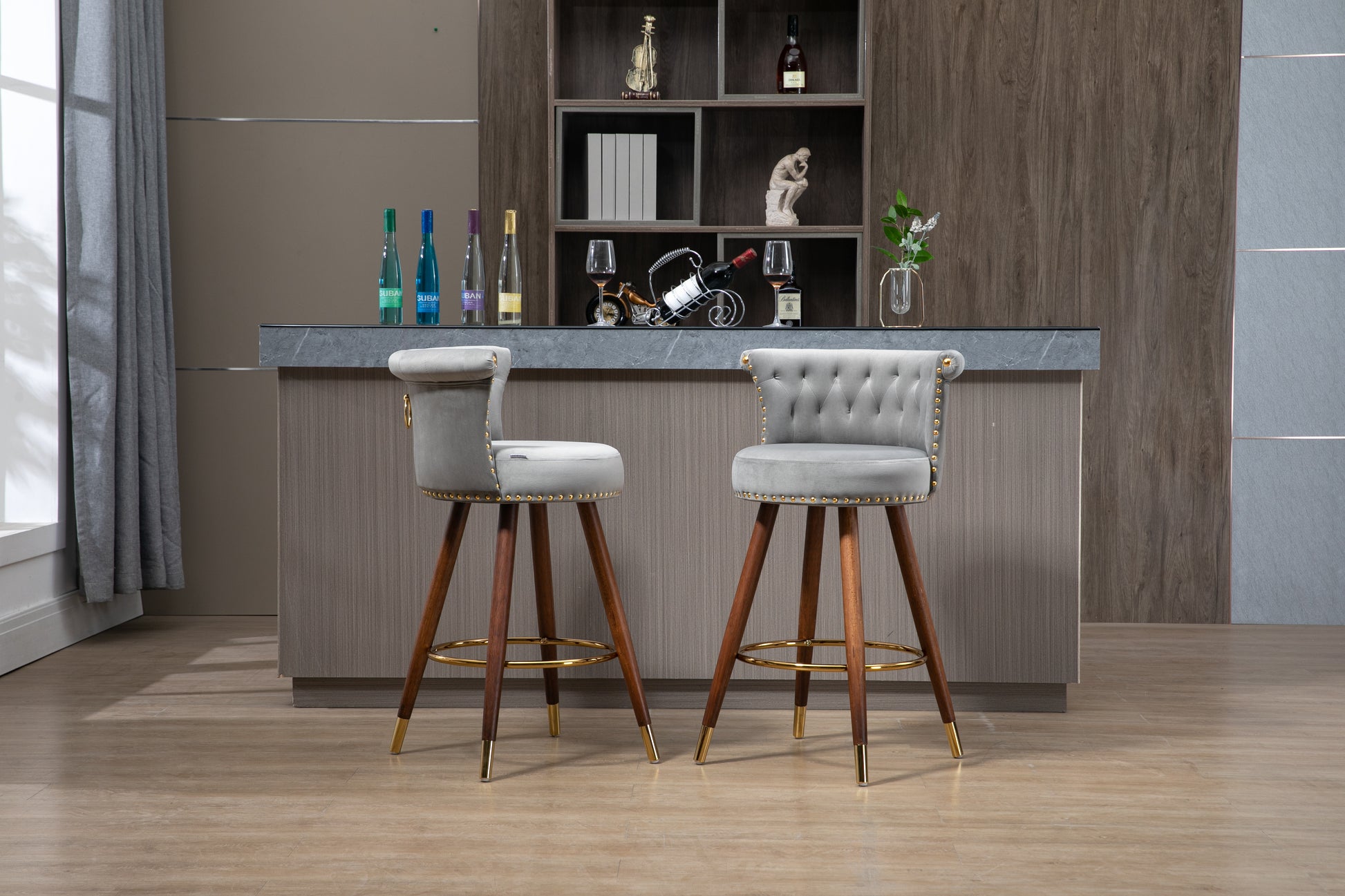 Coolmore Swivel Bar Stools With Backrest Footrest ,With A Fixed Height Of 360 Degrees Gray Solid Wood