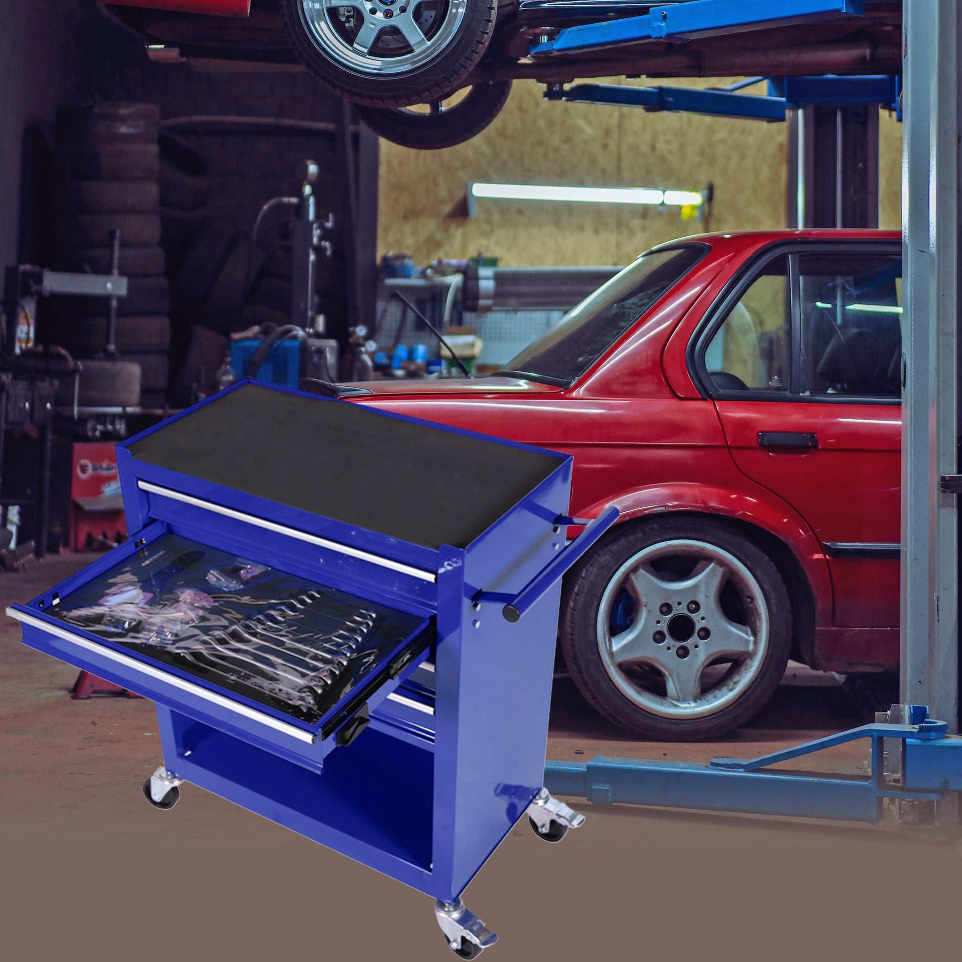 4 Drawers Tool Cabinet With Tool Sets Blue Blue Steel