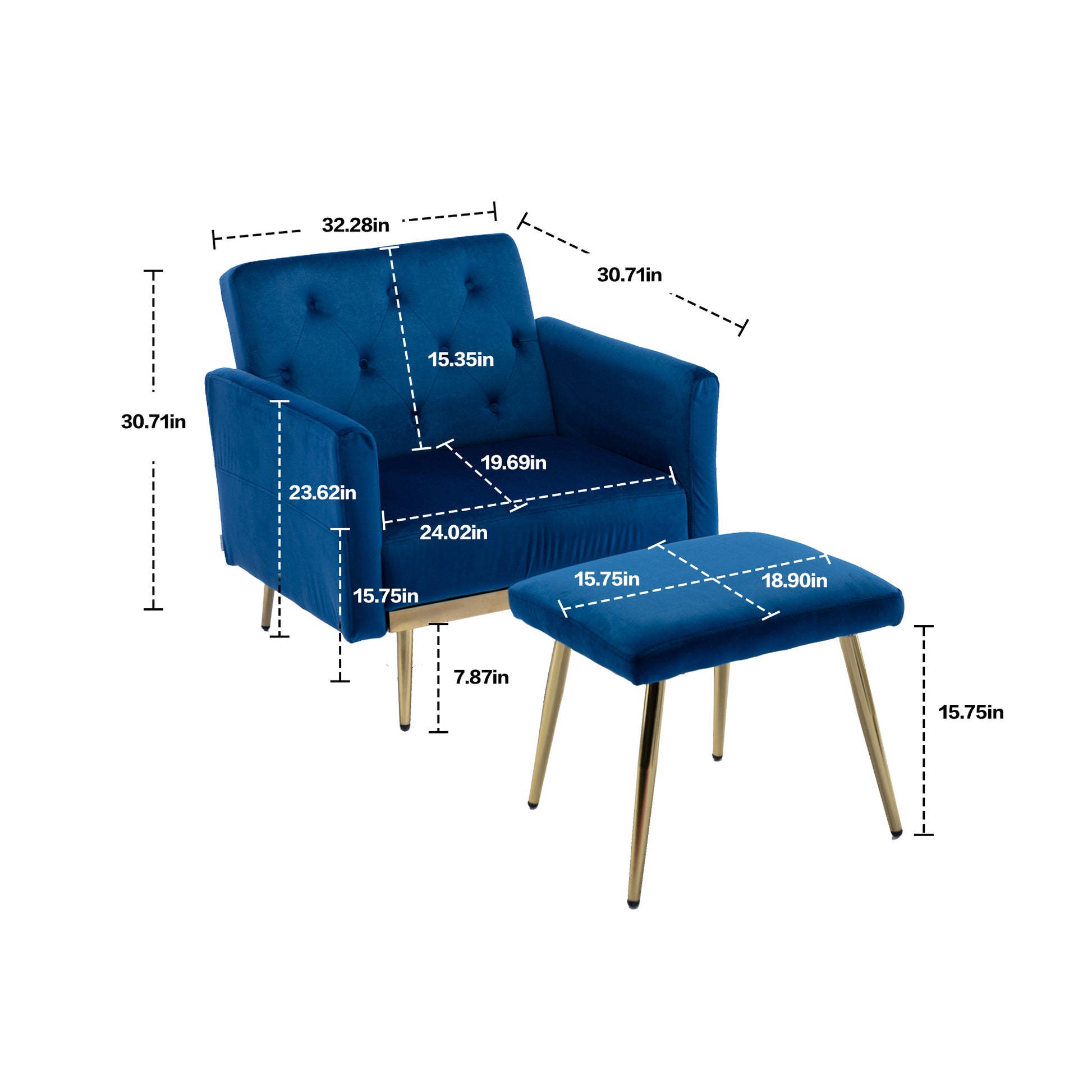 Coolmore Velvet Accent Chair With Adjustable Armrests And Backrest, Button Tufted Lounge Chair, Single Recliner Armchair With Ottoman Navy Metal