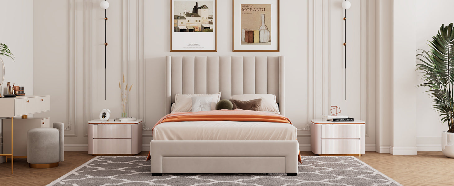 Full Size Storage Bed Velvet Upholstered Platform Bed With A Big Drawer Beige Beige Velvet