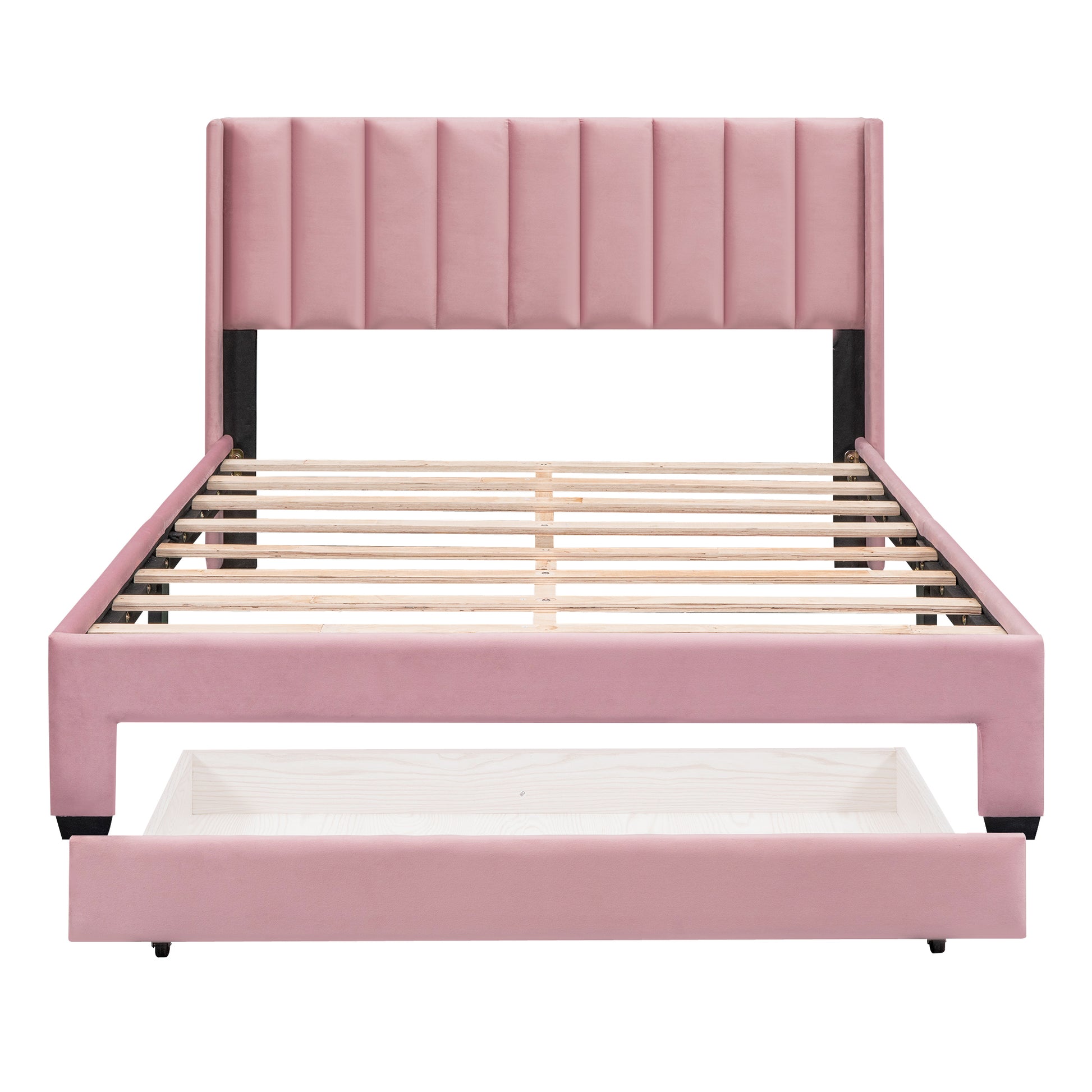 Queen Size Storage Bed Velvet Upholstered Platform Bed With A Big Drawer Pink Pink Velvet