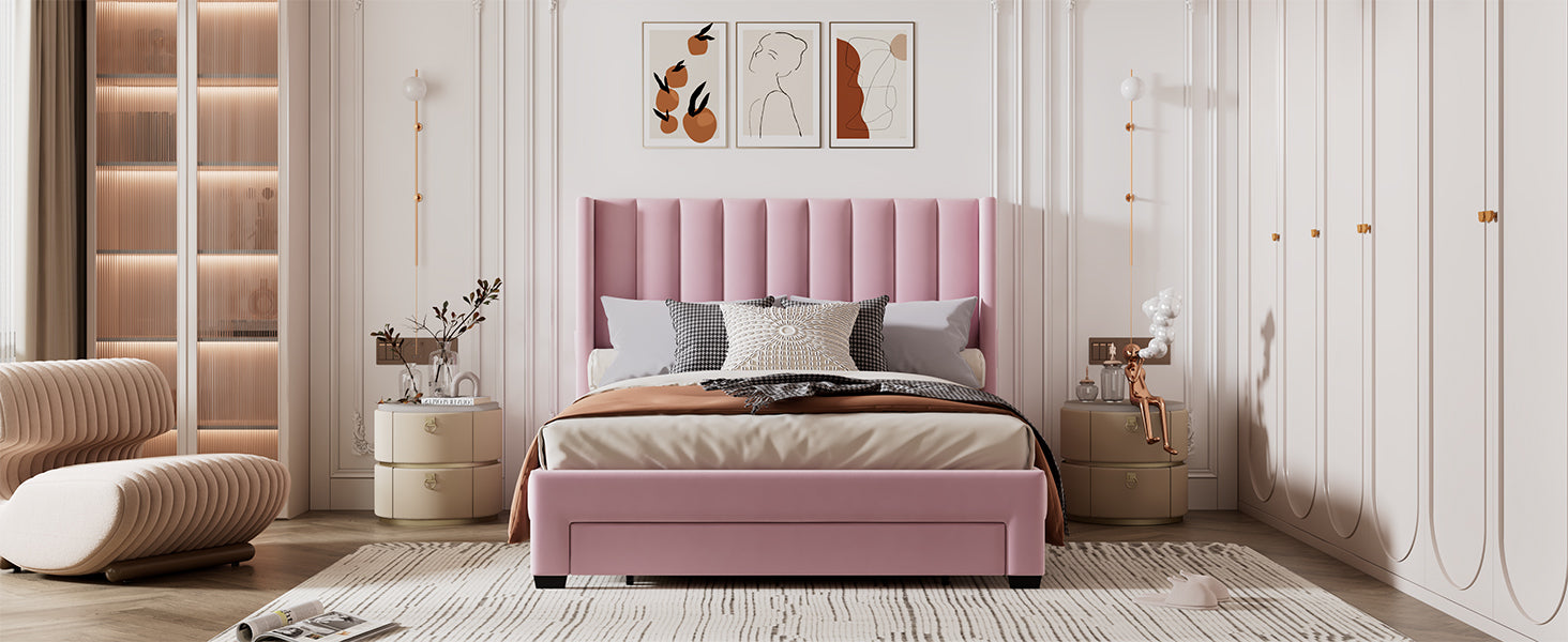 Queen Size Storage Bed Velvet Upholstered Platform Bed With A Big Drawer Pink Pink Velvet