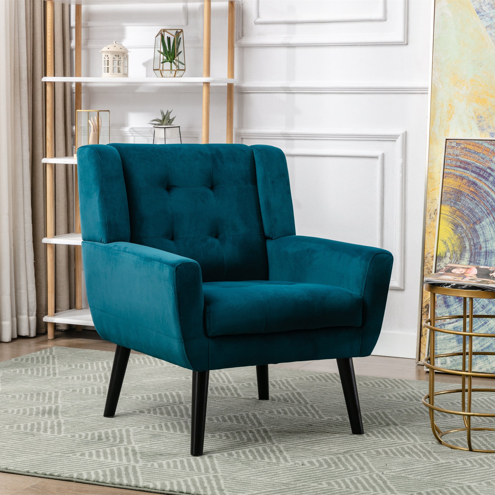 Modern Soft Velvet Material Ergonomics Accent Chair Living Room Chair Bedroom Chair Home Chair With Black Legs For Indoor Home Teal Upholstered