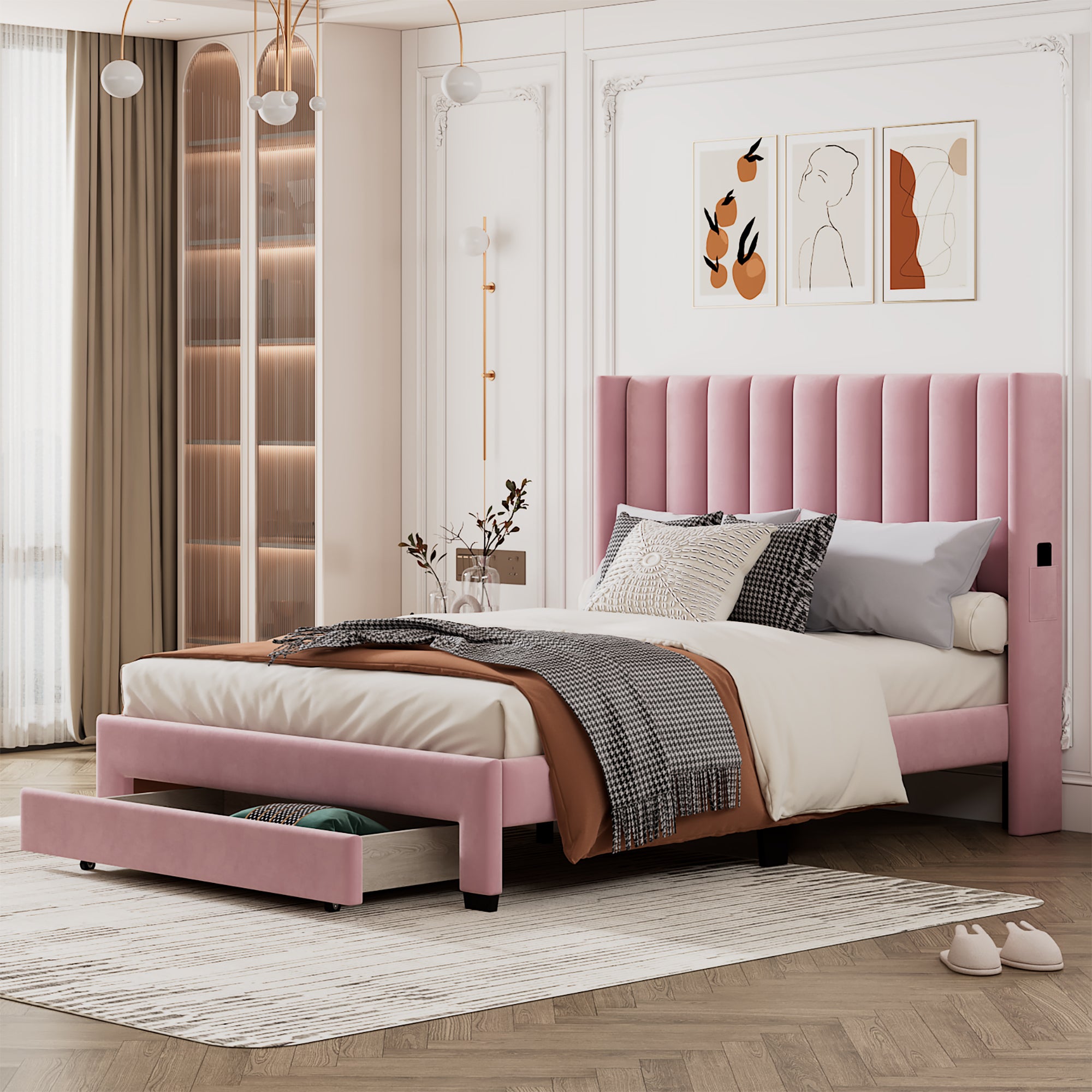 Queen Size Storage Bed Velvet Upholstered Platform Bed With A Big Drawer Pink Pink Velvet