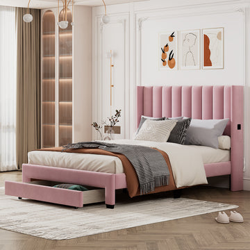 Queen Size Storage Bed Velvet Upholstered Platform Bed With A Big Drawer Pink Pink Velvet
