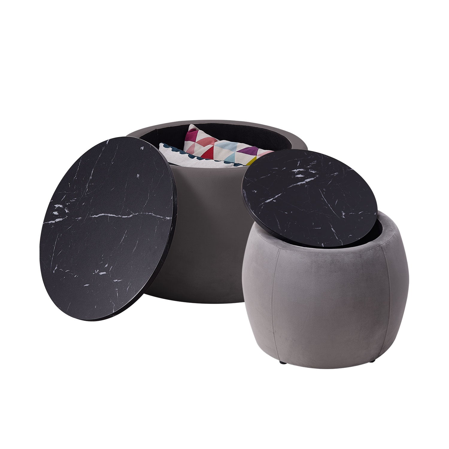 Set Of 2 End Table With Storage, Round Accent Side Table With Removable Top For Living Room, Bedroom, Top 650*450, 480*390 Grey Foam Mdf