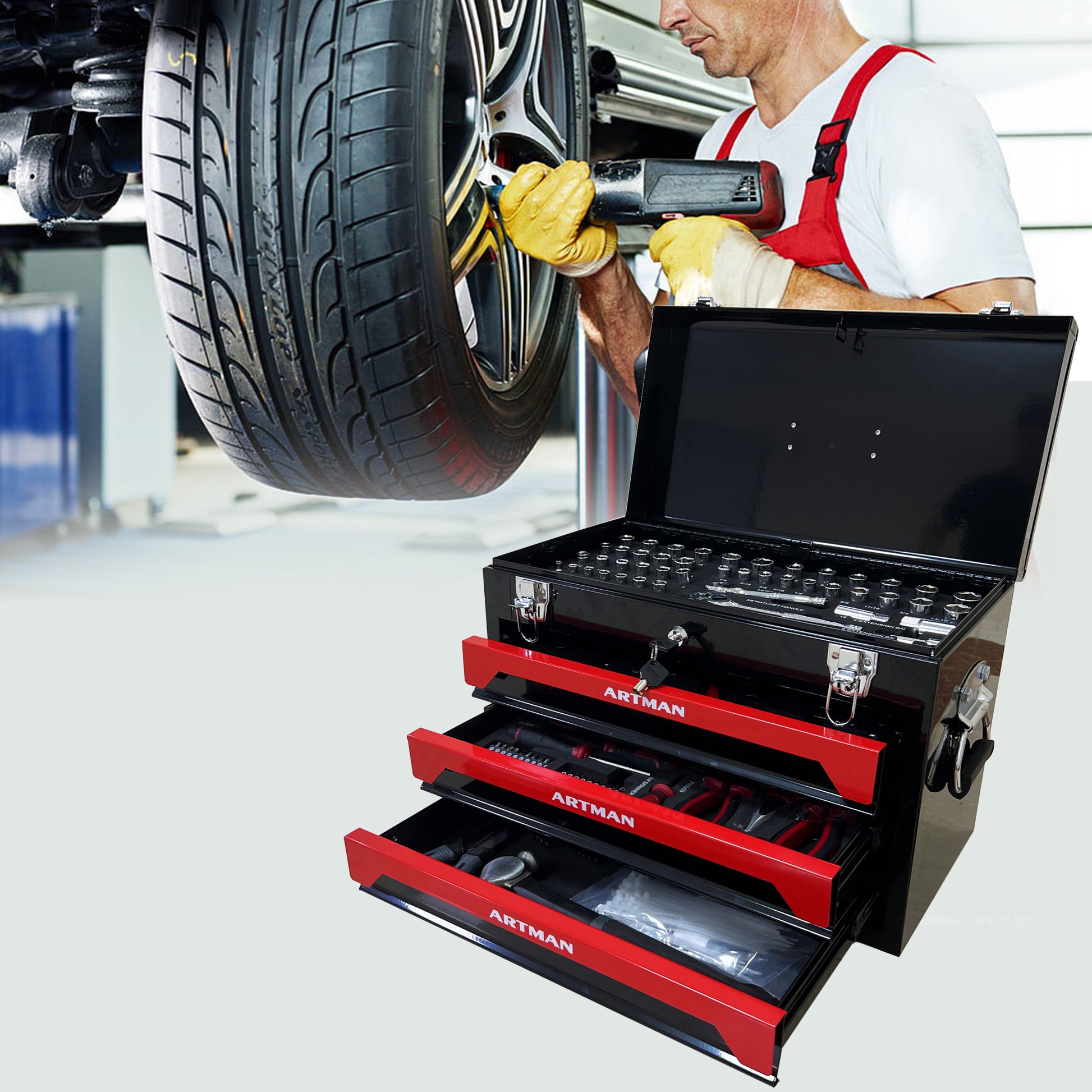 3 Drawers Tool Box With Tool Set Black Steel
