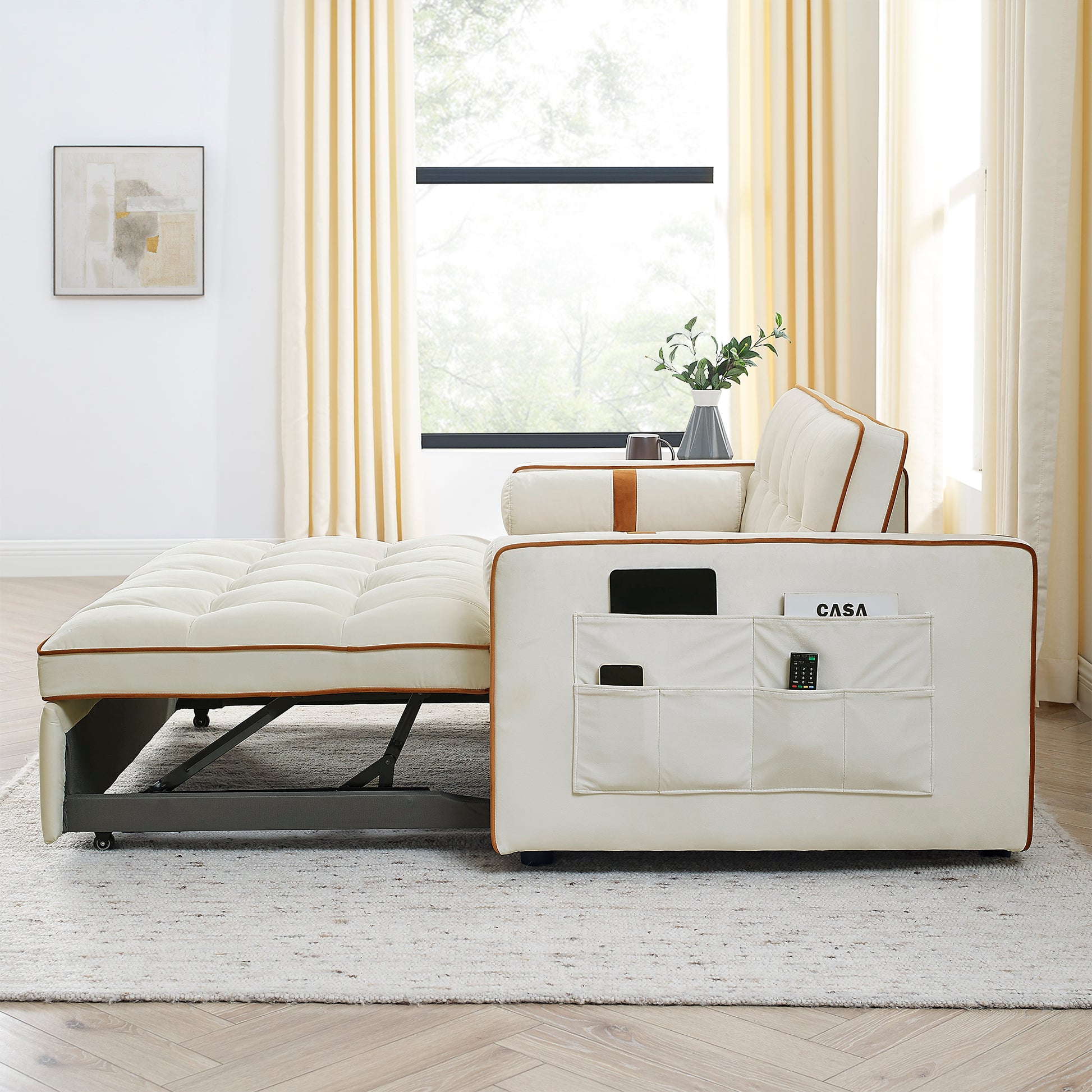 Modern 55.5" Pull Out Sleep Sofa Bed 2 Seater Loveseats Sofa Couch With Side Pockets, Adjsutable Backrest And Lumbar Pillows For Apartment Office Living Room Beige Foam Velvet