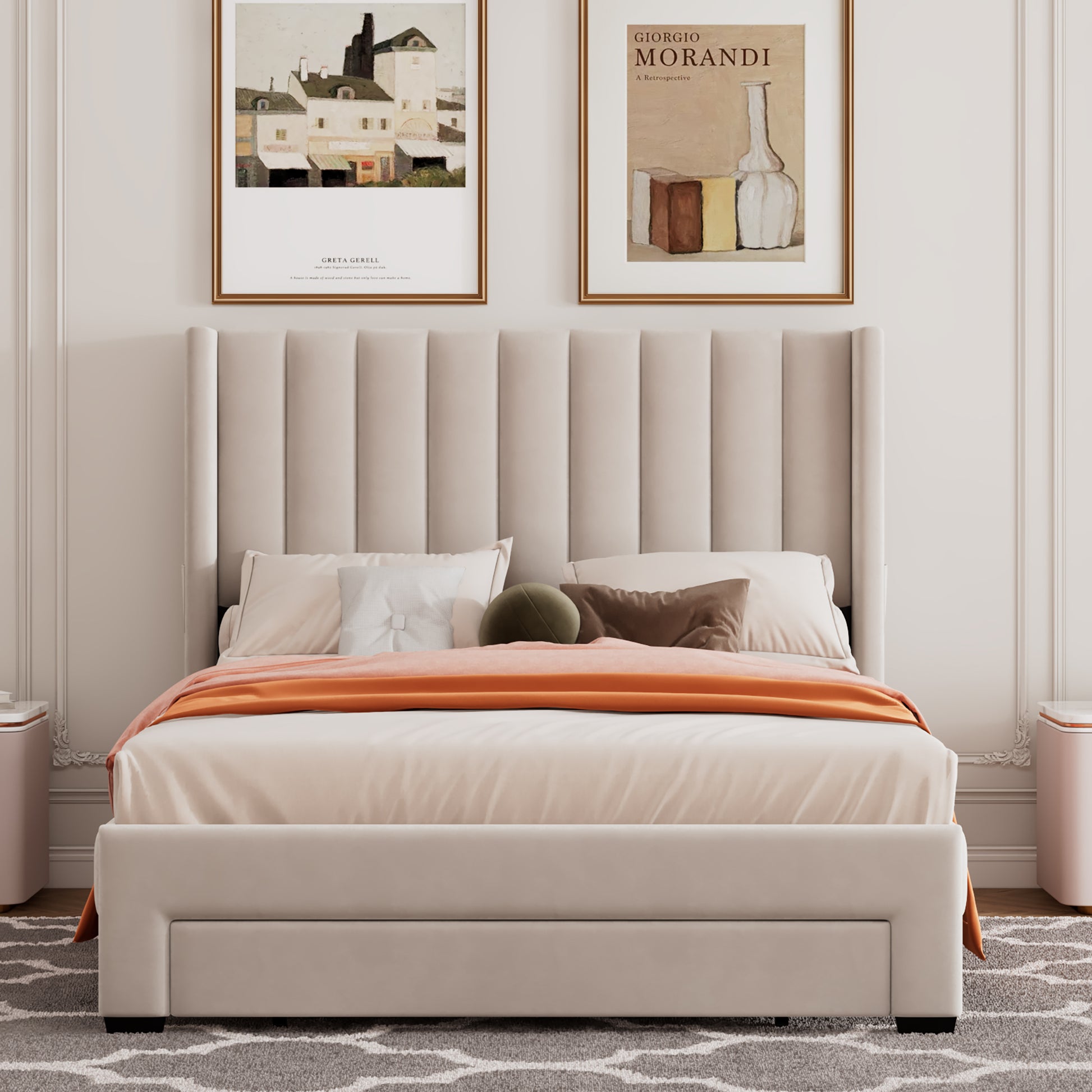 Full Size Storage Bed Velvet Upholstered Platform Bed With A Big Drawer Beige Beige Velvet